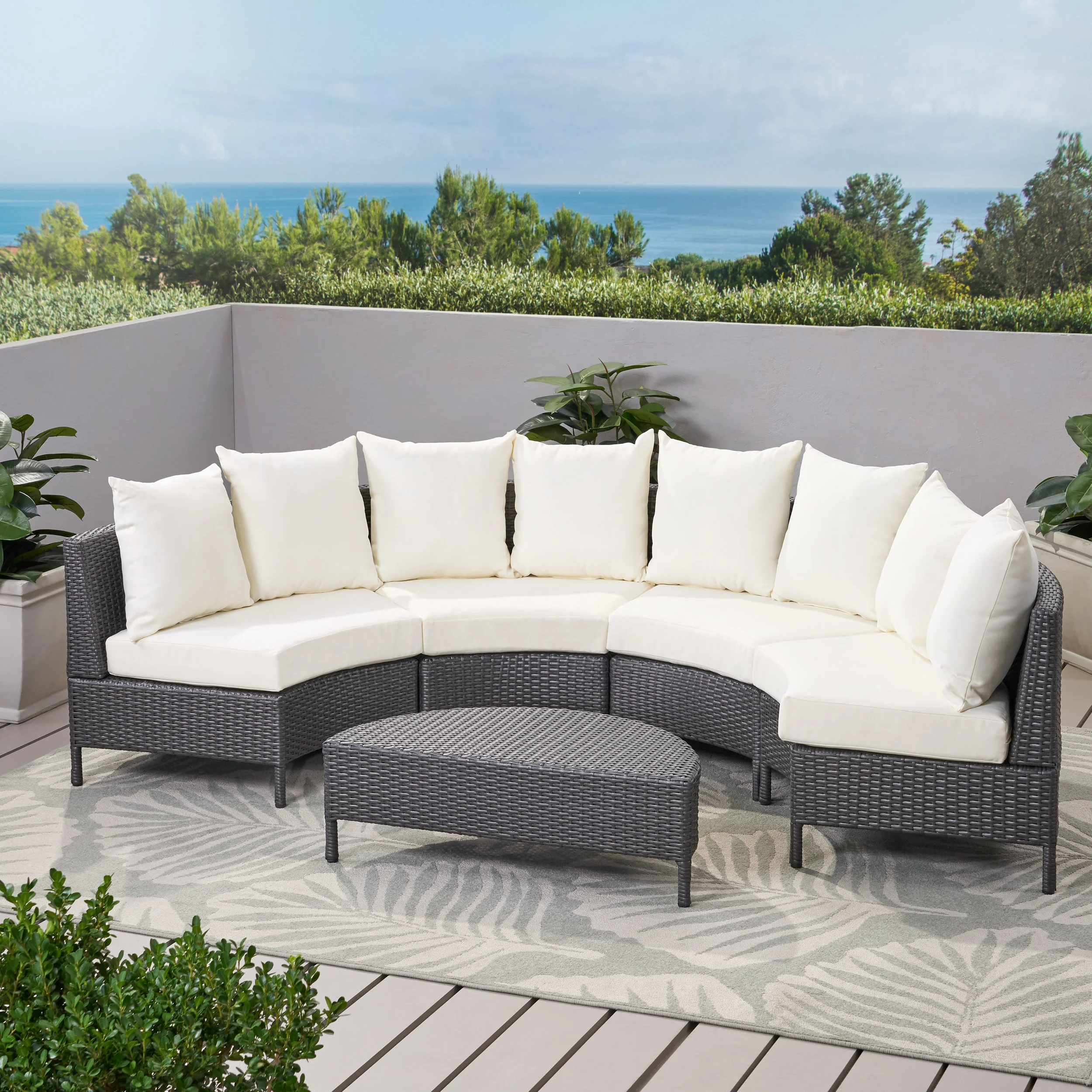 Hatteras Outdoor 5 Piece Grey Wicker Sofa Set with White Water Resistant Fabric Cushions - furnishings