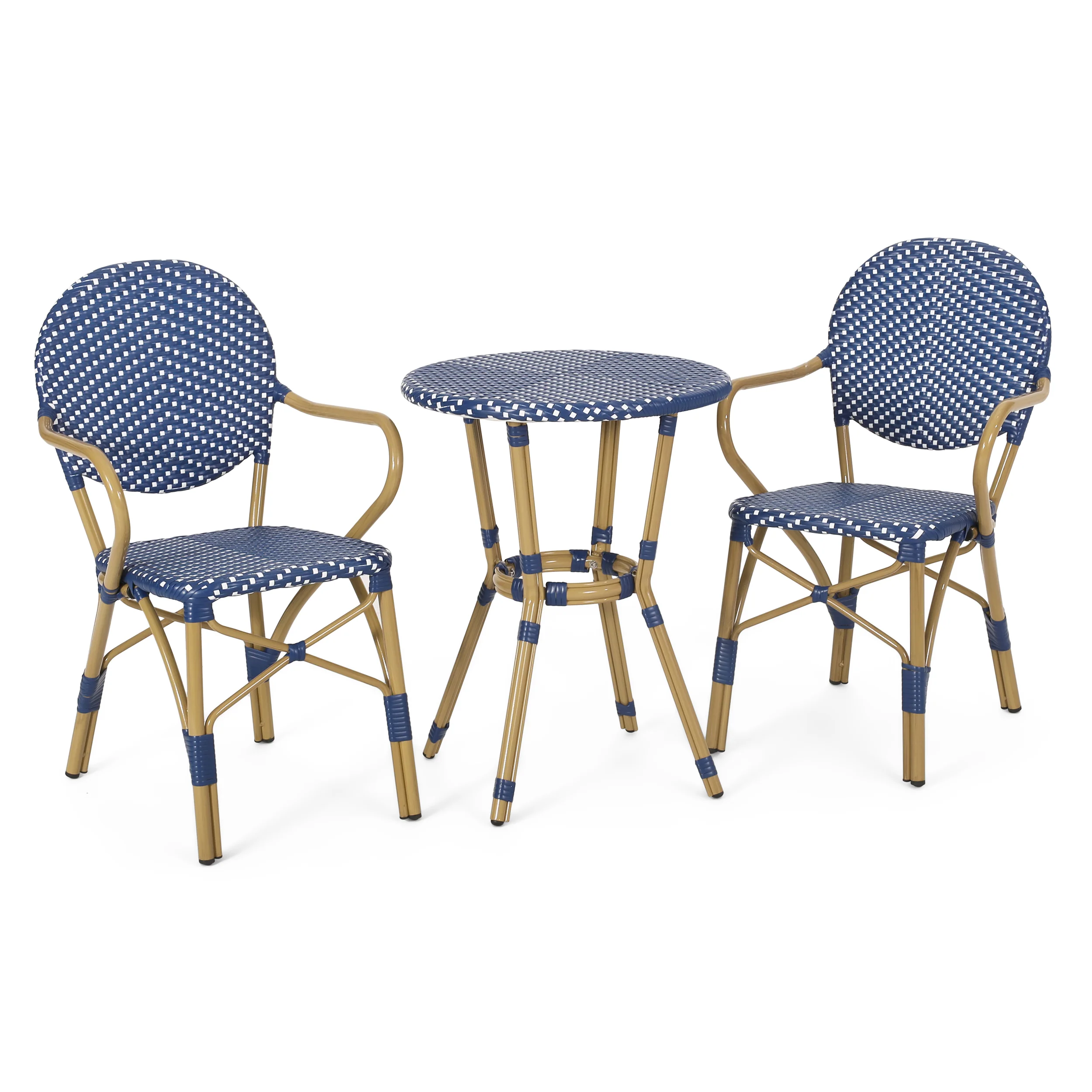 Groveport Outdoor Aluminum French Bistro Set, Dark Teal, White, and Bamboo Finish - furnishings