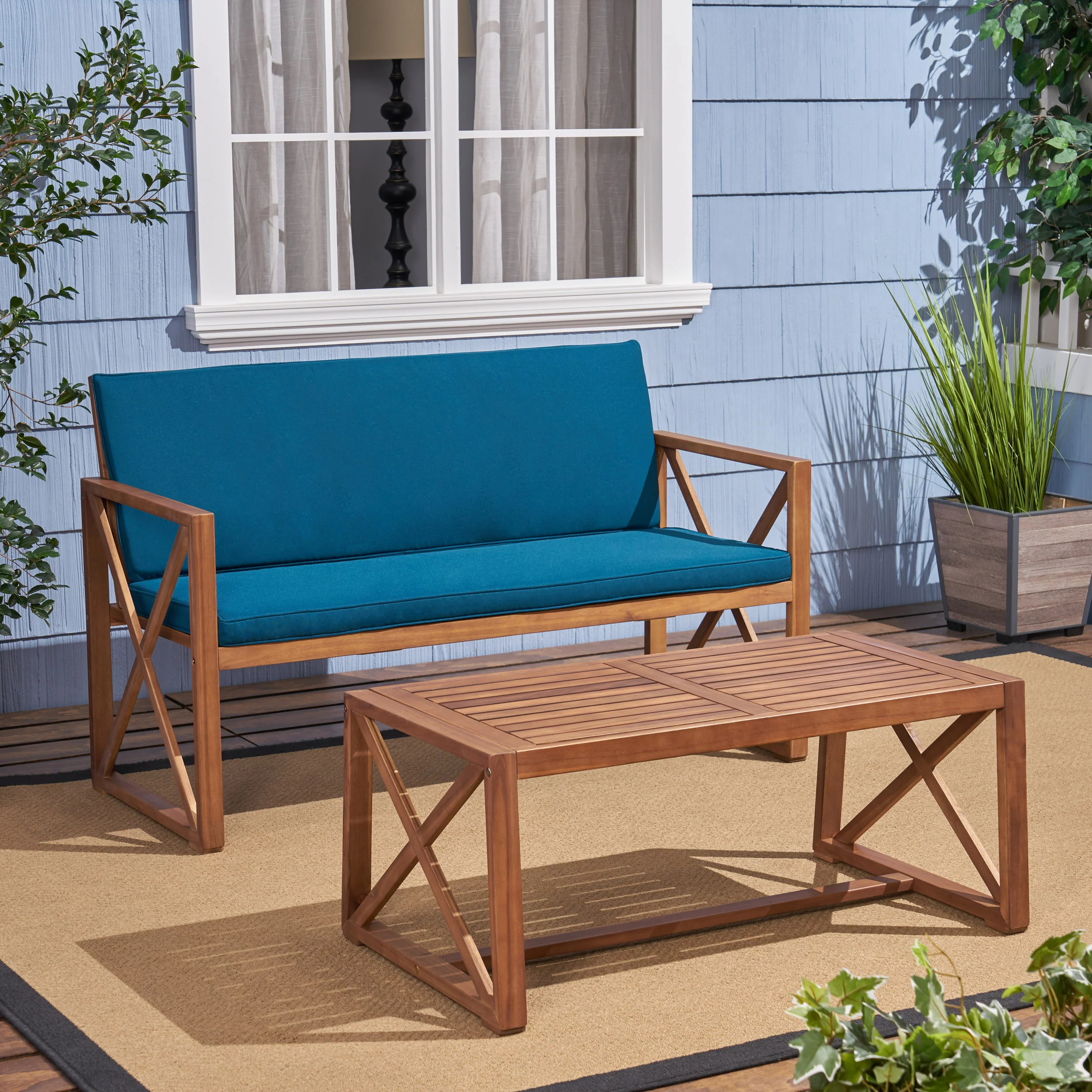 Hazel Outdoor Acacia Wood Loveseat with Coffee Table Set with Cushions - furnishings