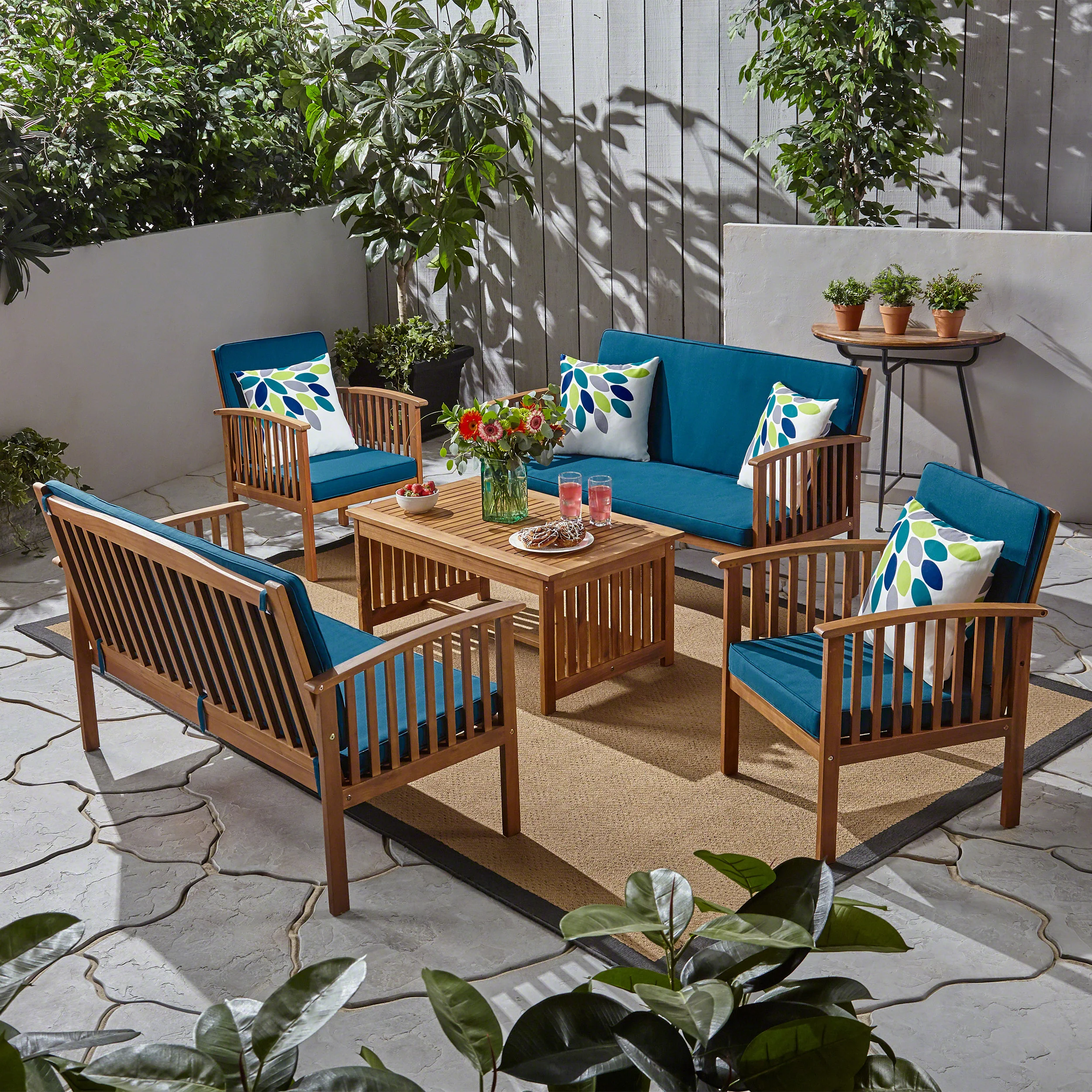 Beckley Outdoor Acacia Wood 6 Seater Conversation Set with Coffee Table - furnishings