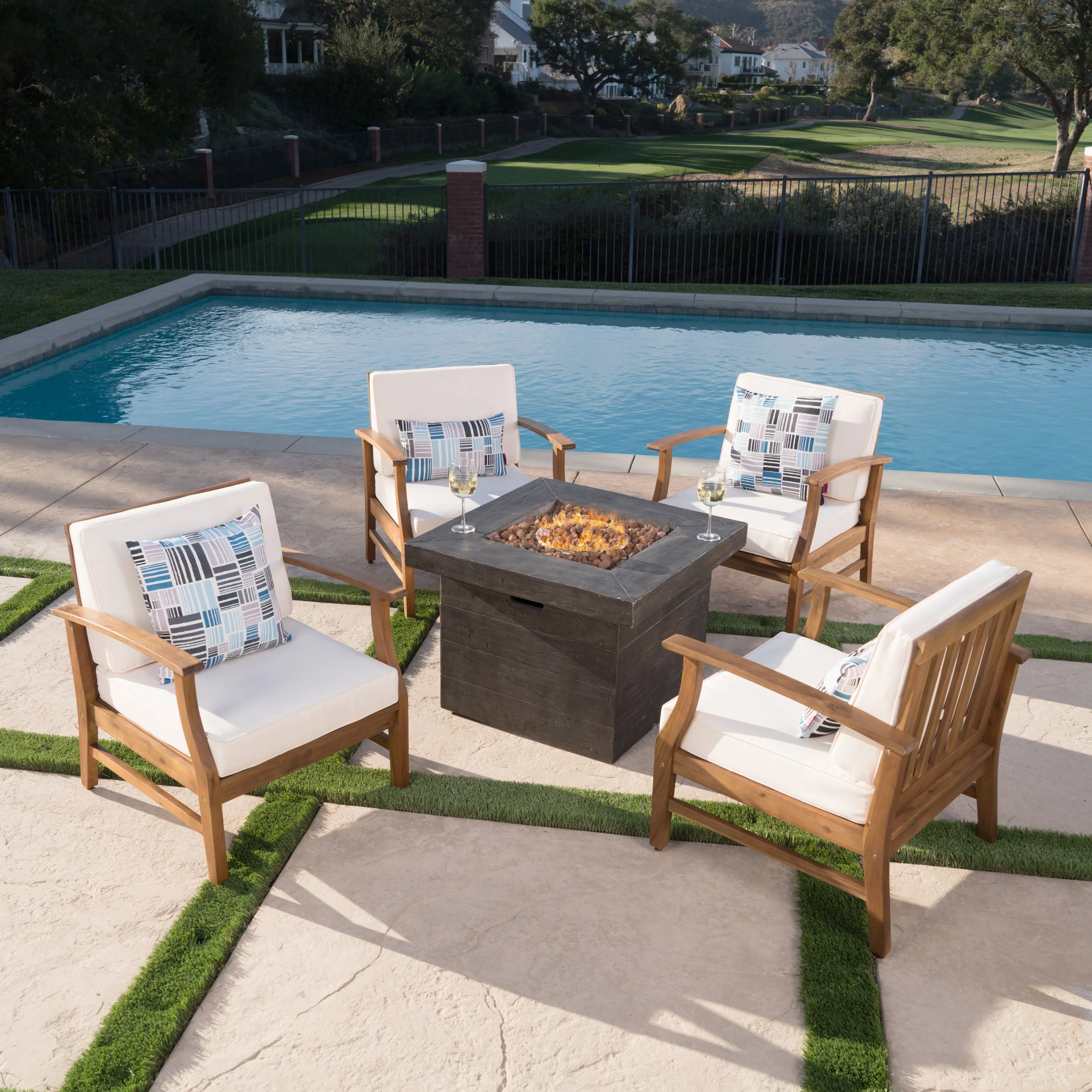 Easter Outdoor 4 Seat Teak Finished Acacia Wood Club Chairs Fire Pit Chat Set - furnishings