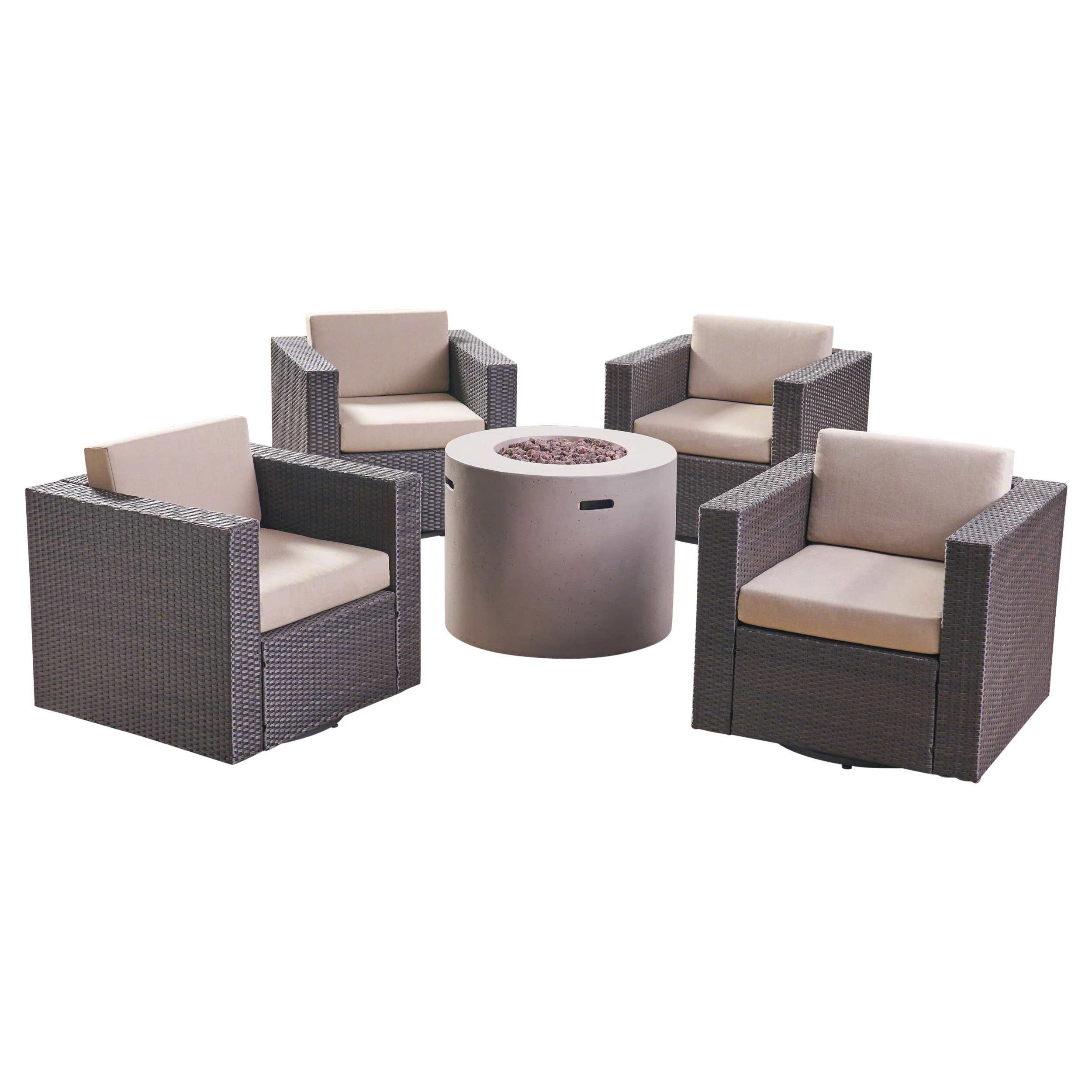 Leon Outdoor 4 Piece Swivel Club Chair Set with Round Fire Pit - furnishings