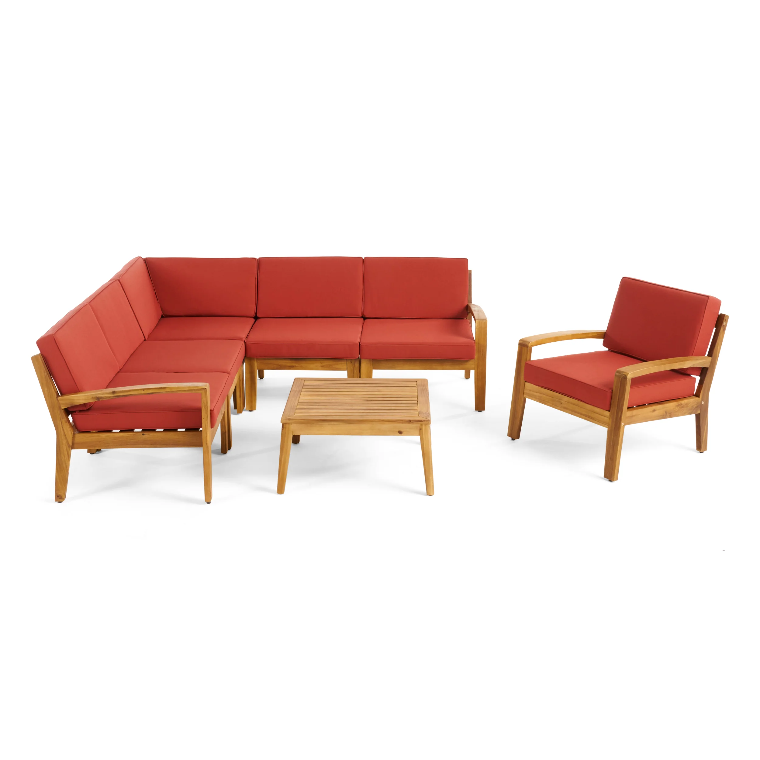 Giselle Outdoor Acacia Wood 6 Seater Sectional Sofa and Club Chair Set with Coffee Table - furnishings