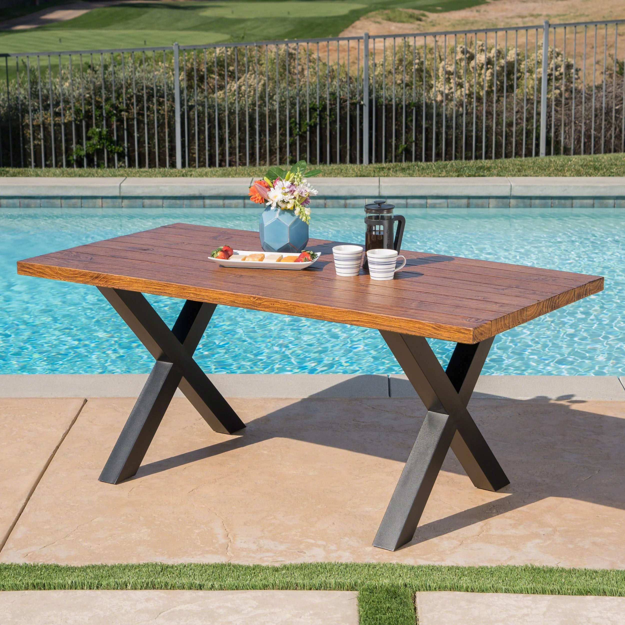 Falah Outdoor Brown Walnut Finish Lightweight Concrete Dining Table - furnishings