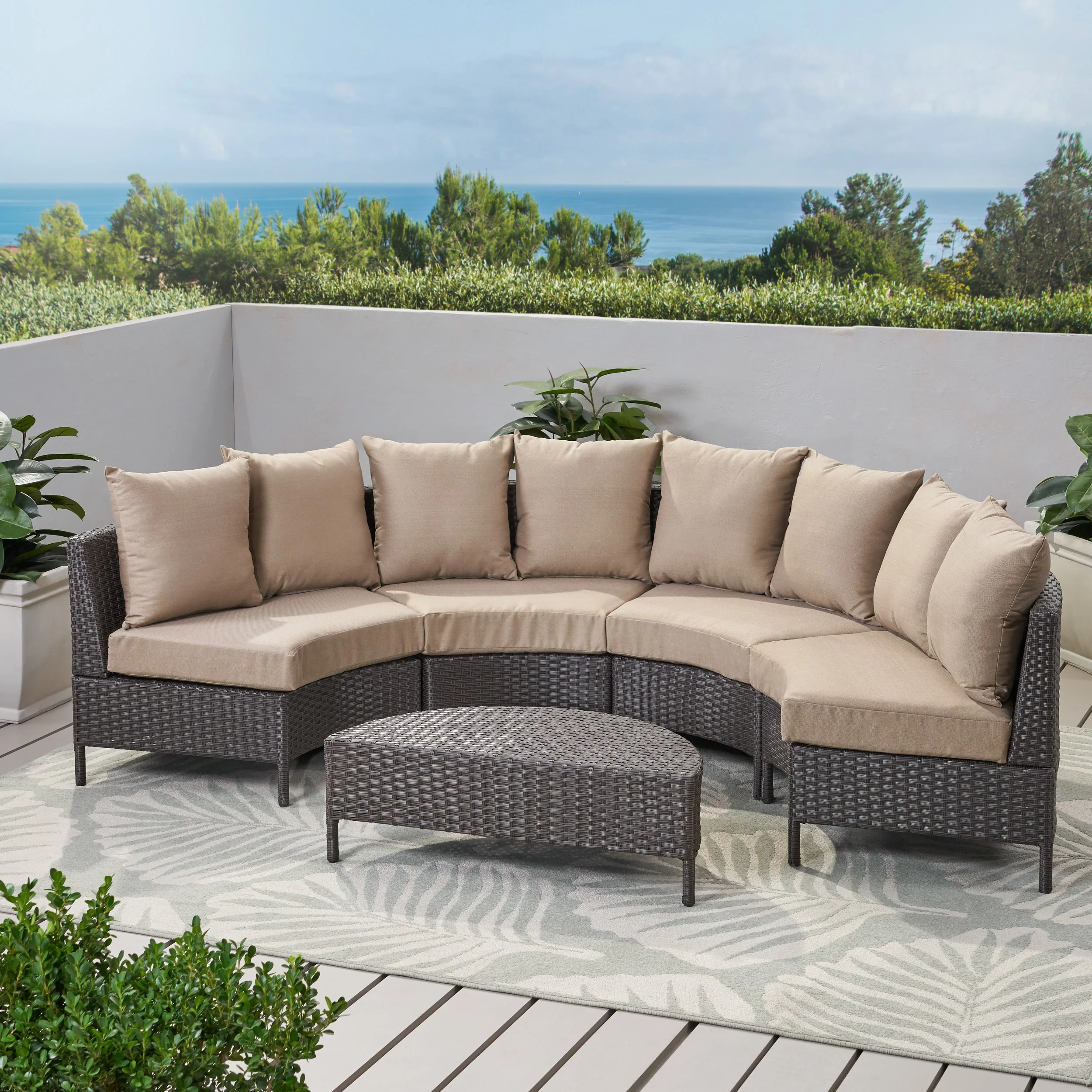 Falkland Outdoor 4 Seater Curved Wicker Sectional Sofa Set with Coffee Table - furnishings