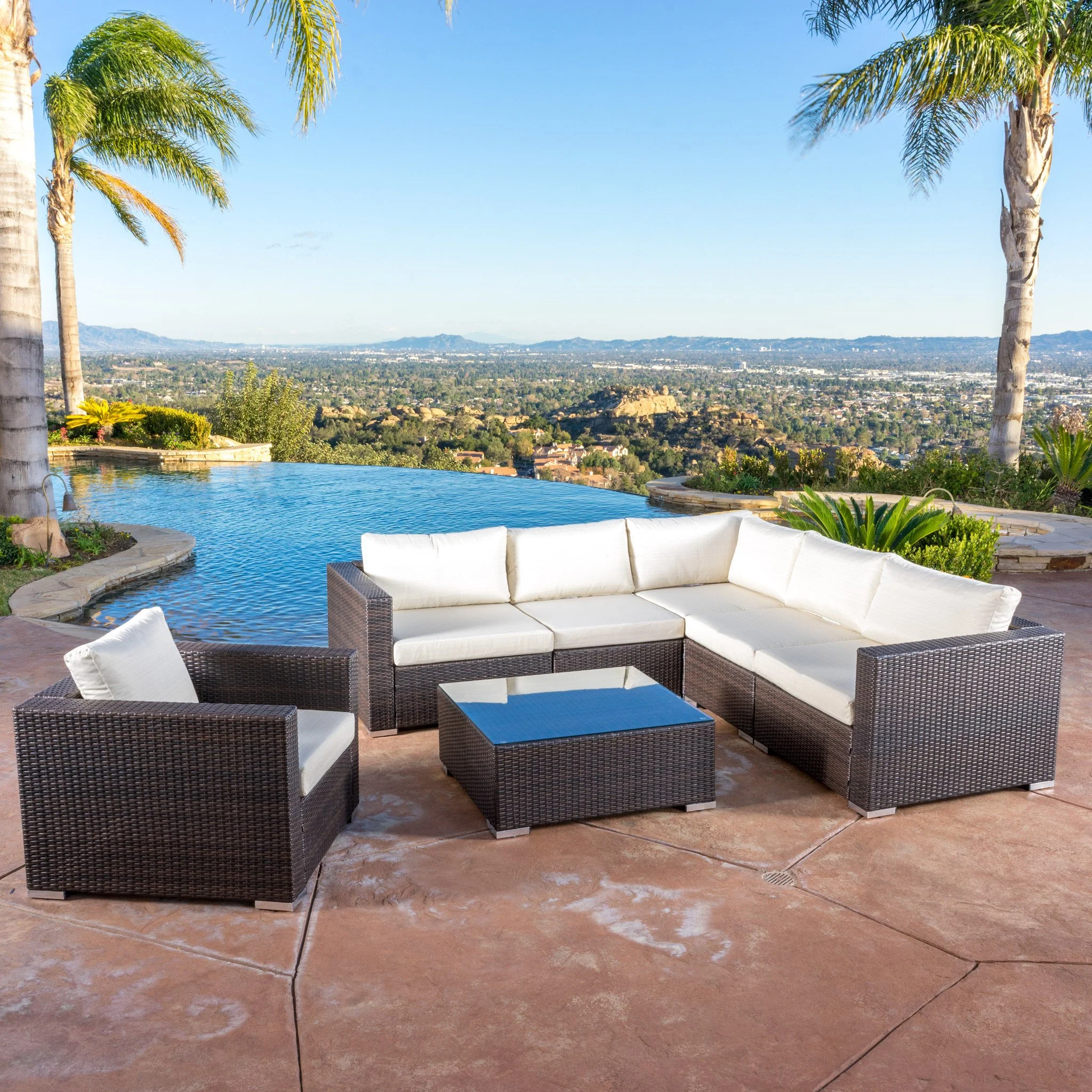Francisco 7pc Outdoor Brown Wicker Seating Sectional Set w/ Cushions - furnishings