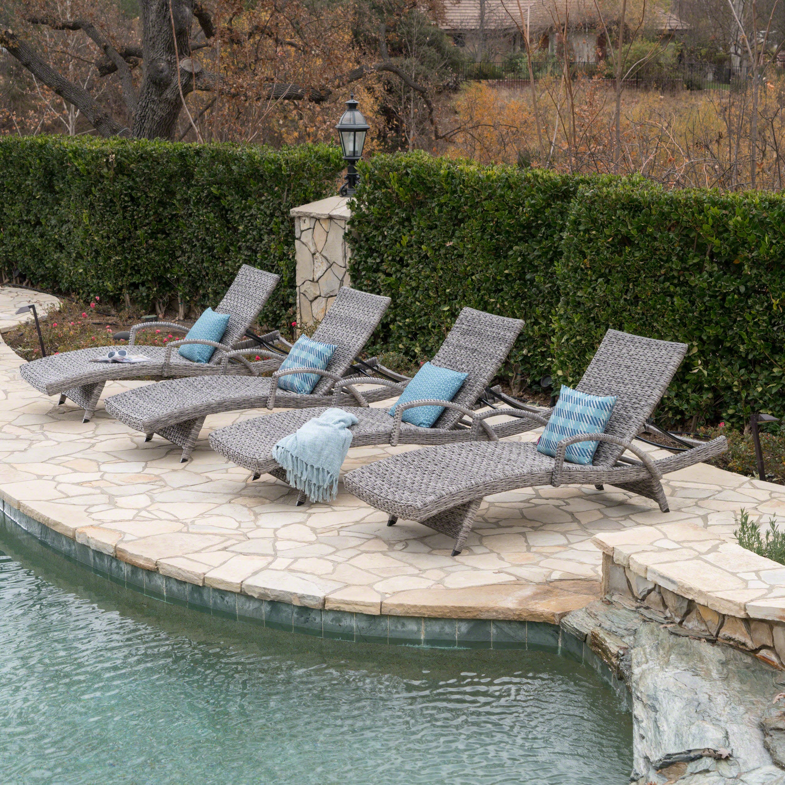 Keira Outdoor Armed Aluminum Framed Grey Wicker Chaise Lounge - furnishings