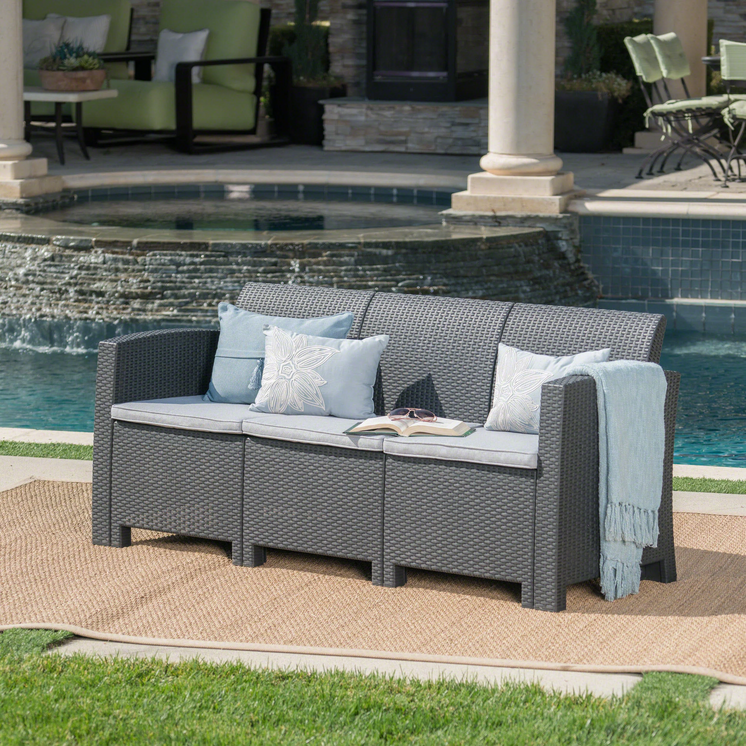 St. Pete Outdoor 3 Seat Faux Wicker Rattan Style Sofa - furnishings