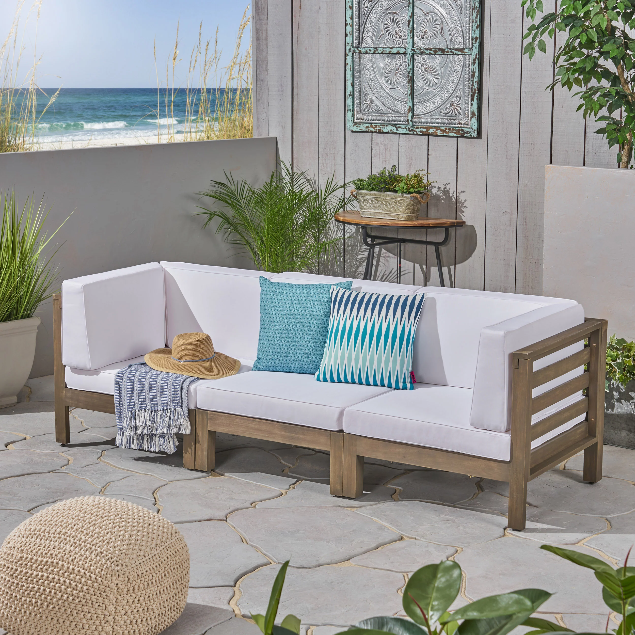 Dawson Outdoor Sectional Sofa Set - 3-Seater - Acacia Wood - Outdoor Cushions - furnishings