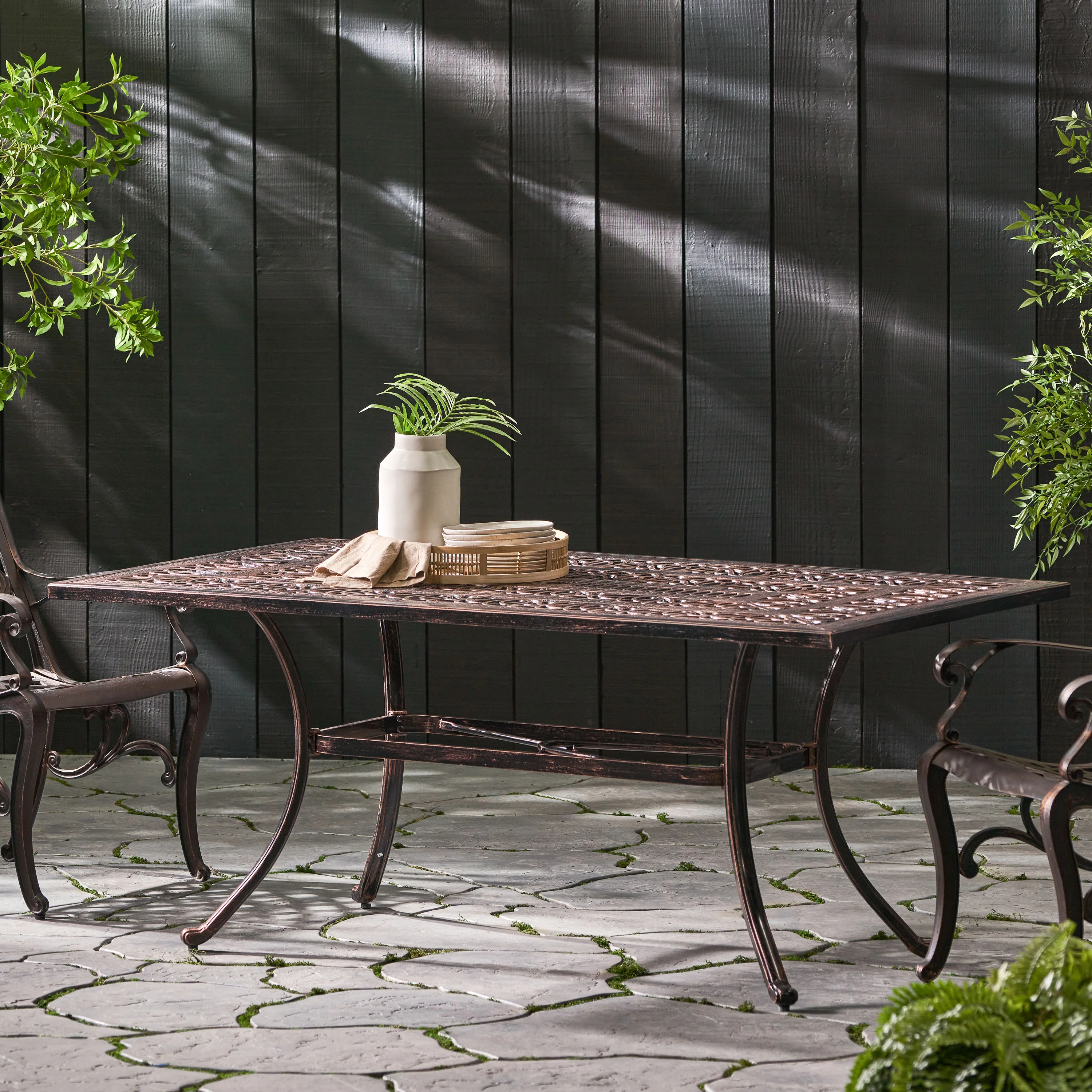 Jamie Outdoor Rectangular Cast Aluminum Dining Table, Shiny Copper - furnishings