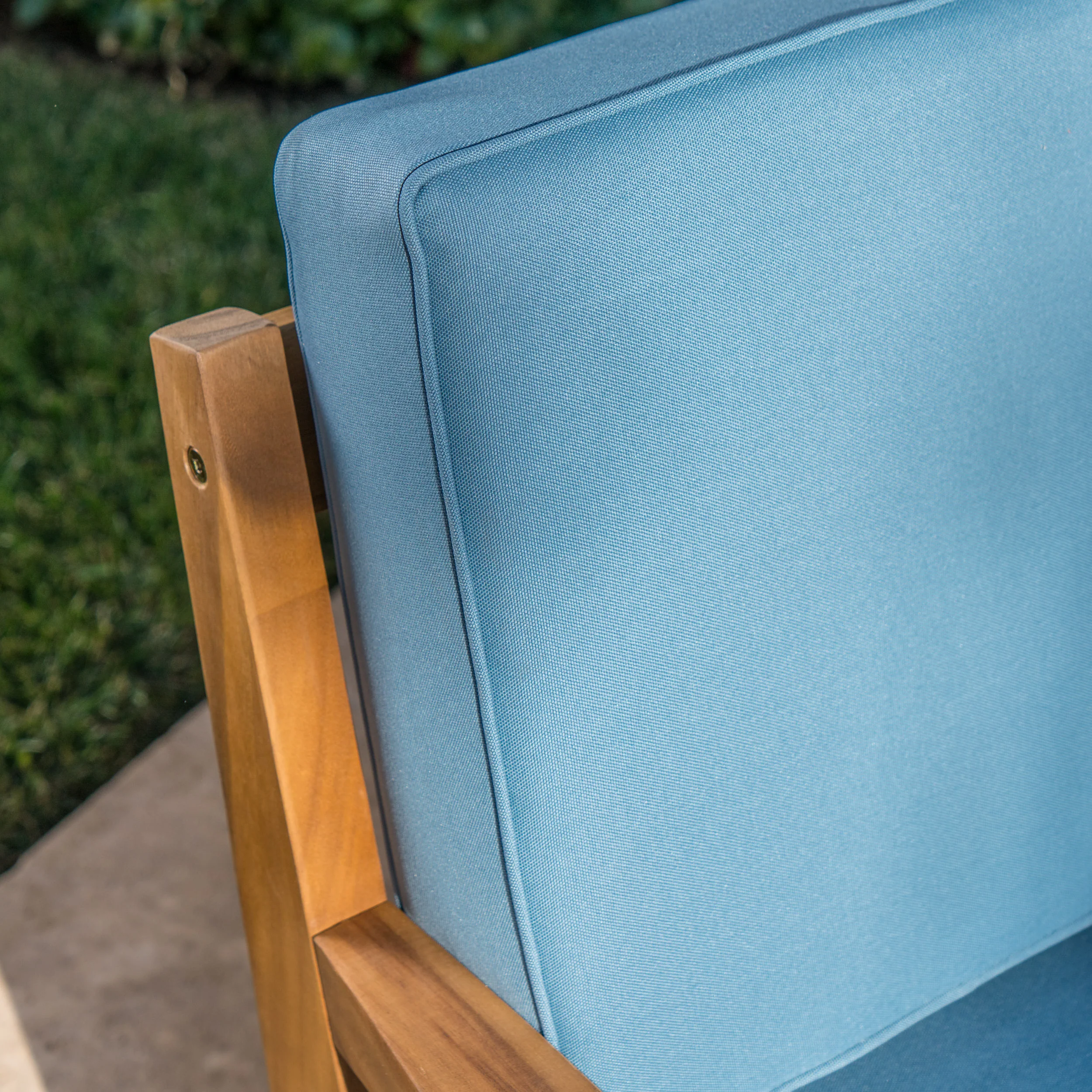 Christian Outdoor Acacia Wood Loveseat and Coffee Table Set with Cushions - furnishings