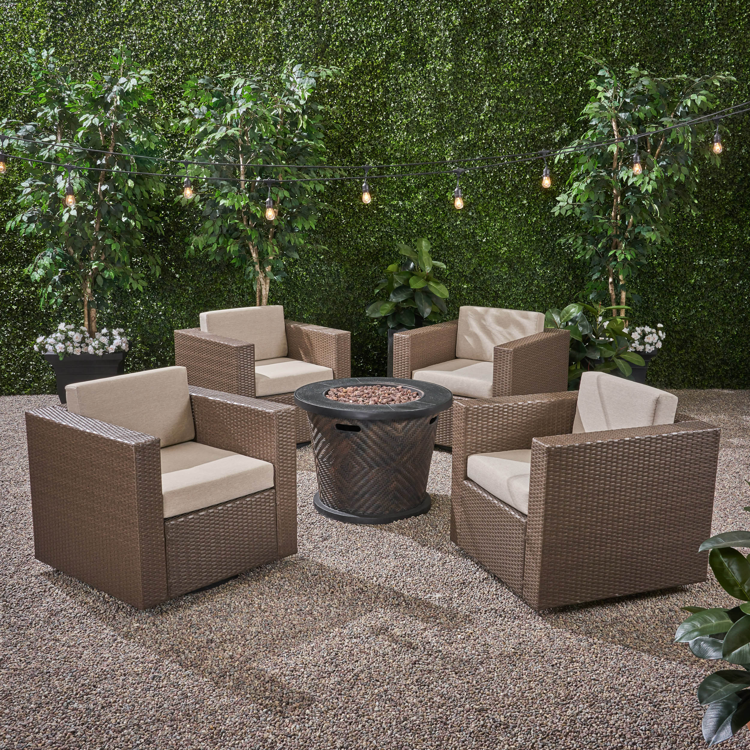 Liyam Outdoor 4 Piece Wicker Swivel Chair Set with Fire Pit, Brown and Brown - furnishings
