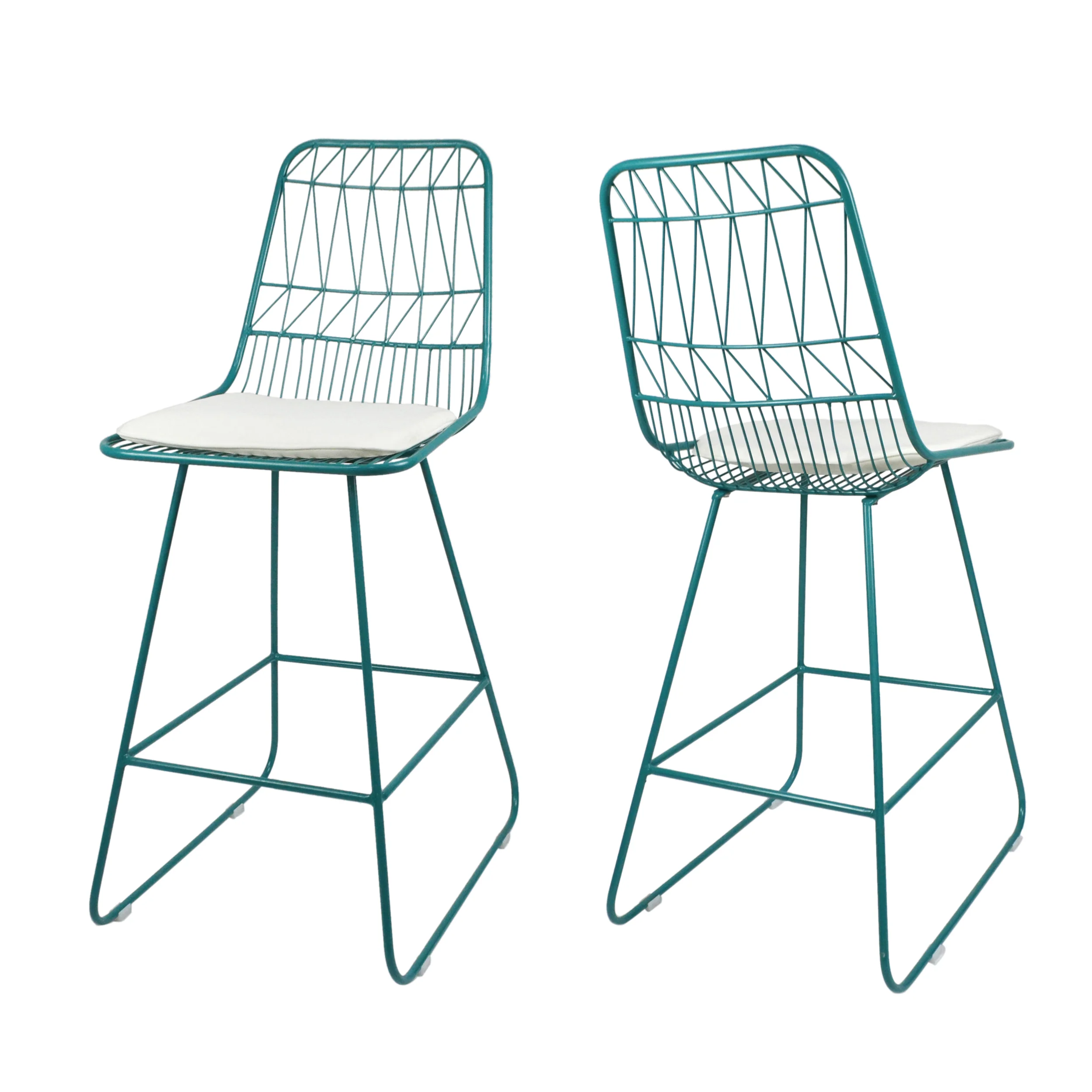 Hedy Outdoor Wire Counter Stools with Cushions (Set of 2), Teal and Ivory - furnishings