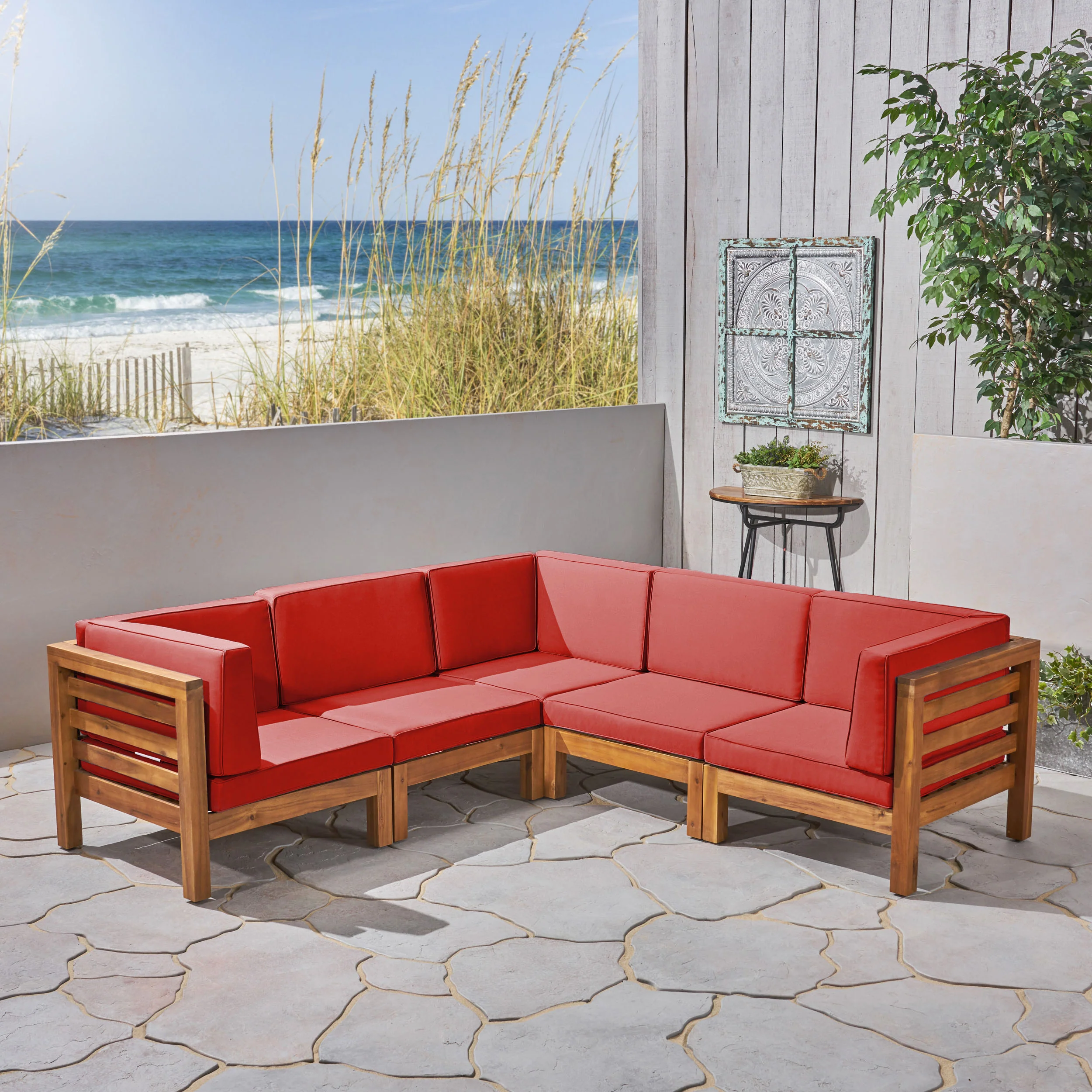 Dawson Outdoor V-Shaped Sectional Sofa Set - 5-Seater - Acacia Wood - Outdoor Cushions - furnishings