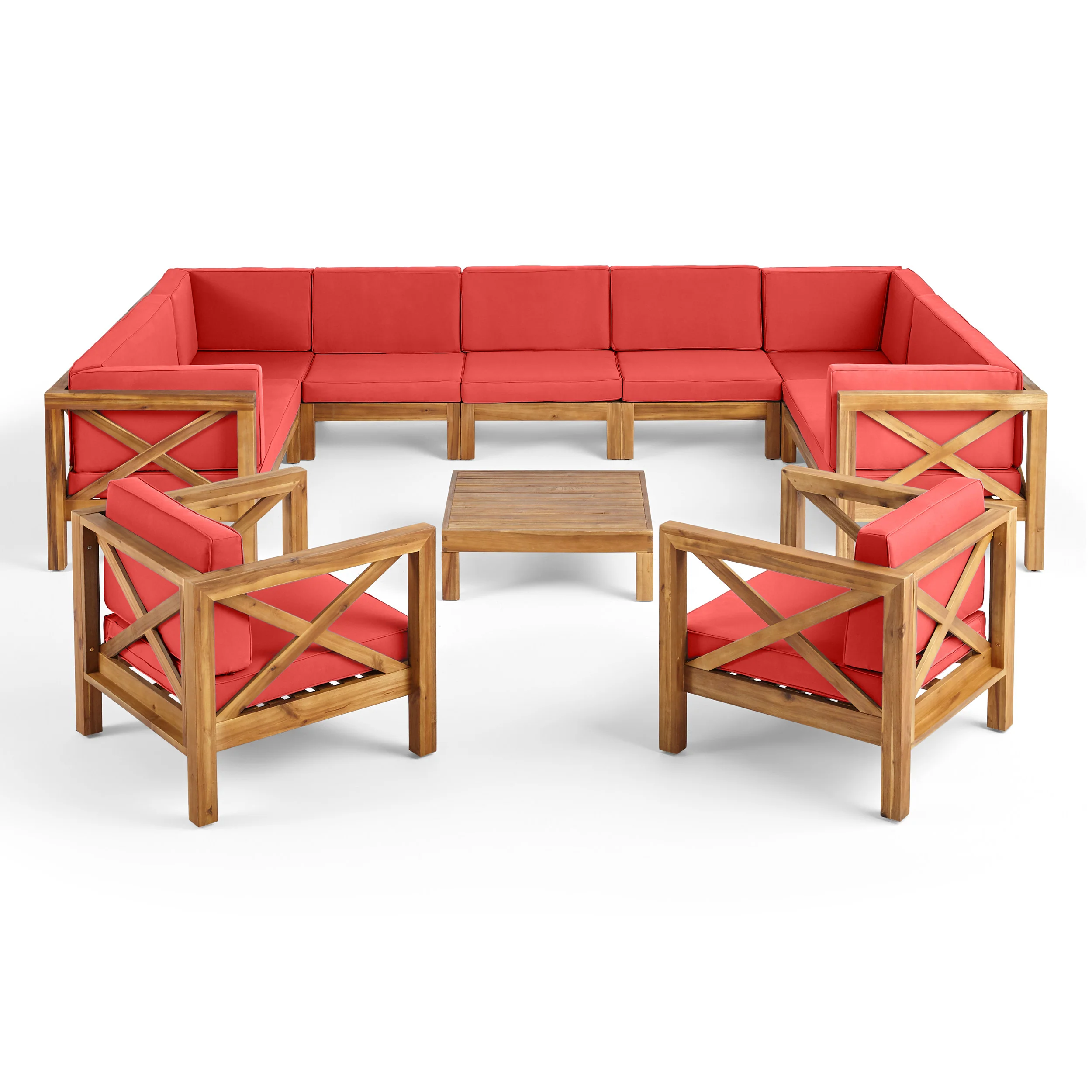 Isabella Outdoor 11 Seater Acacia Wood Sectional Sofa and Club Chair Set - furnishings