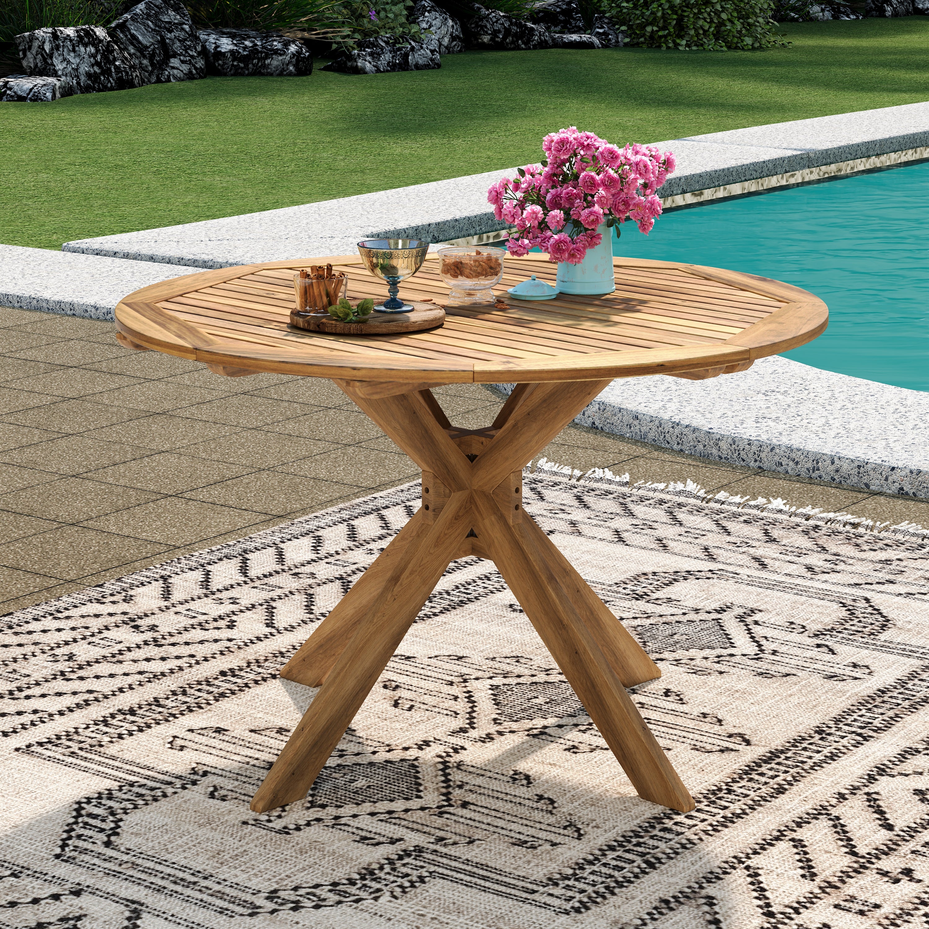Stanford Outdoor Acacia Wood Round Dining Table - furnishings