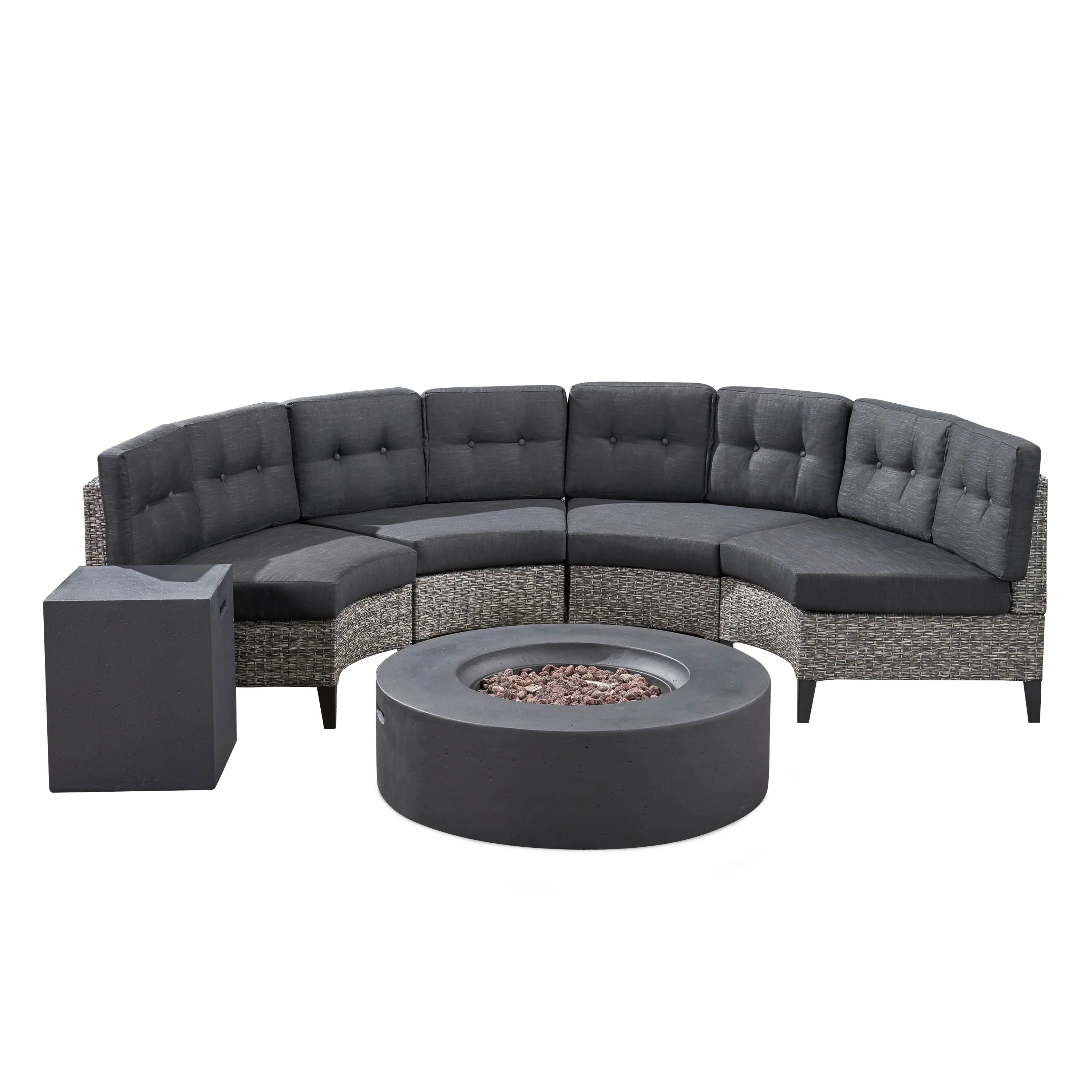 Nessett Outdoor 6 Piece Mixed Black Wicker Half Round Sofa Set with Dark Grey Fire Table - furnishings