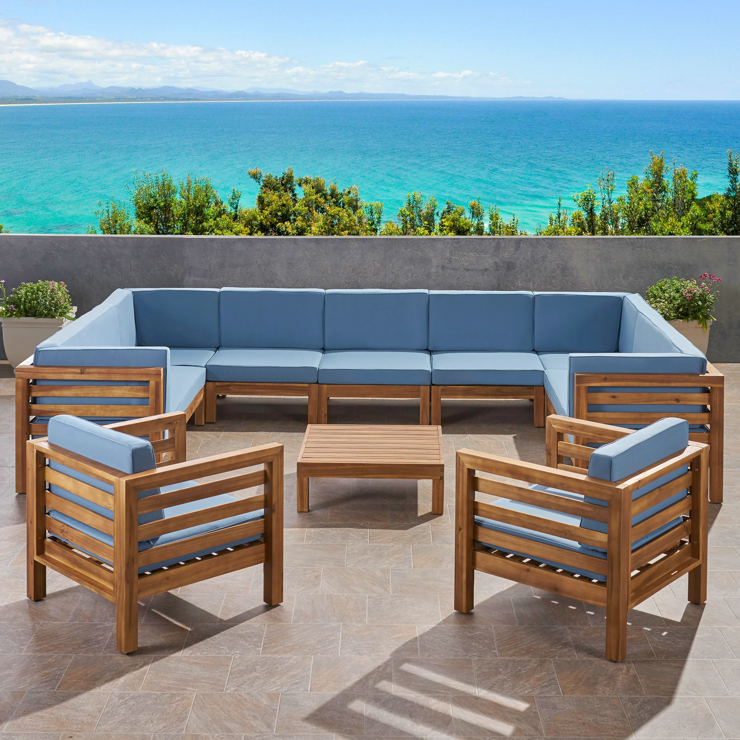 Emma Outdoor 11 Seater Acacia Wood Sectional Sofa and Club Chair Set - furnishings