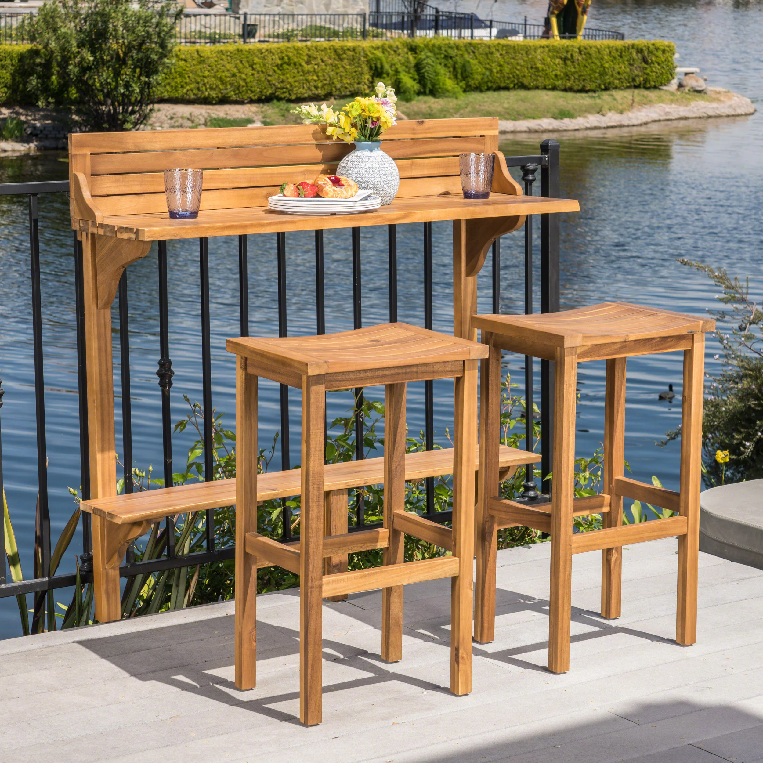 Pensacola Outdoor 3 Piece Acacia Wood Balcony Bar Set - furnishings