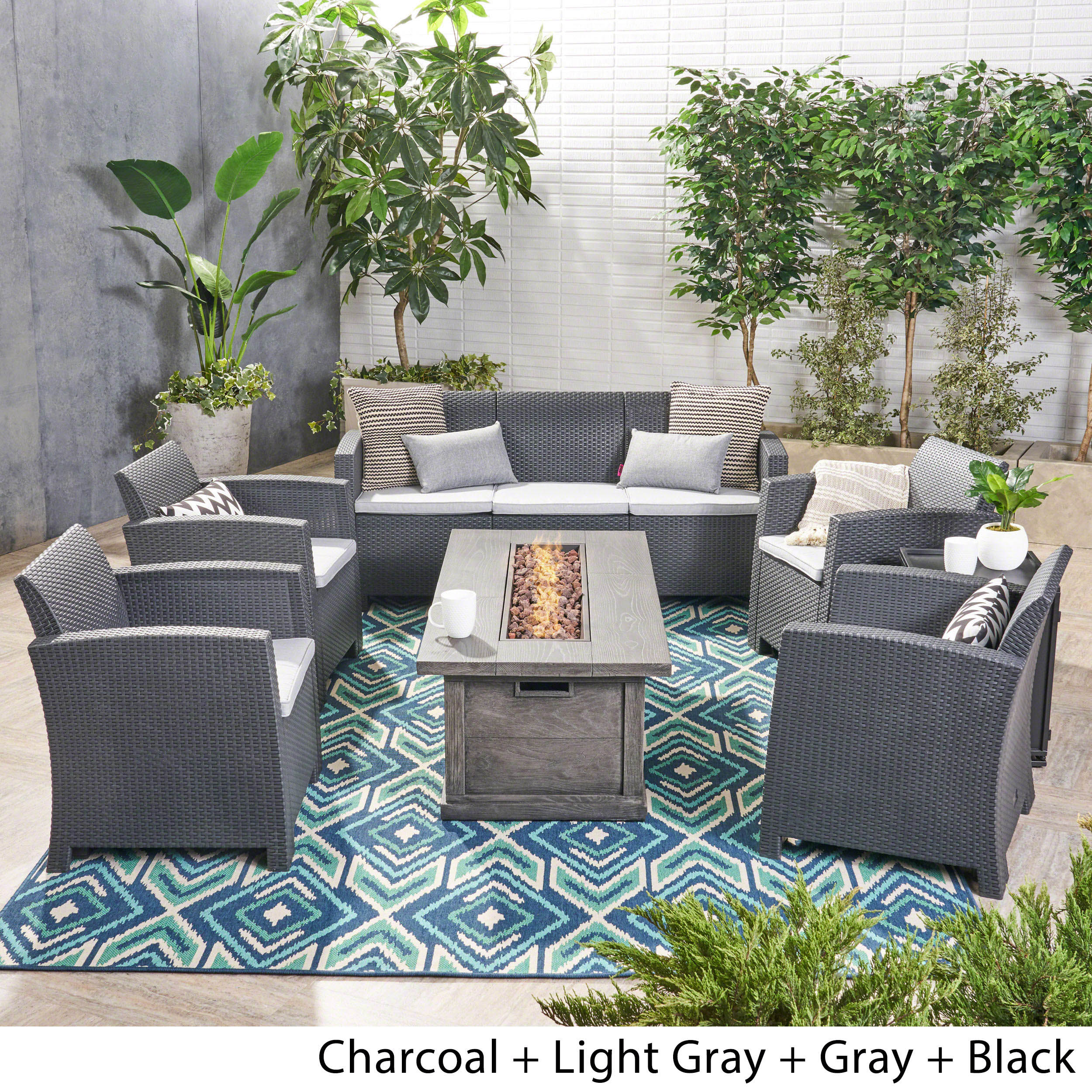 Melik Outdoor 7-Seater Wicker Print Chat Set with Fire Pit and Tank Holder - furnishings