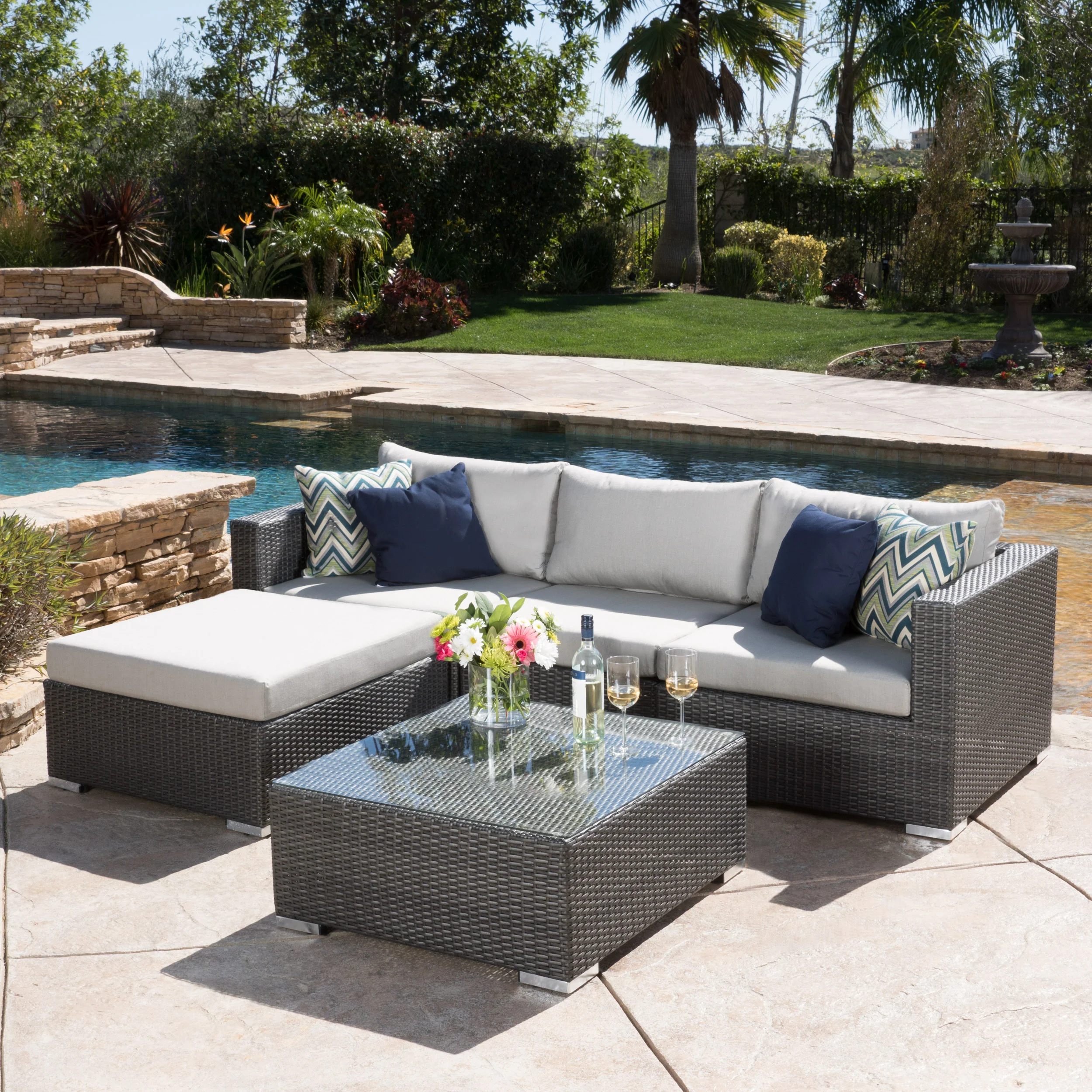 Francisco 5pc Outdoor Gray Wicker Seating Sectional Set w/ Cushions - furnishings