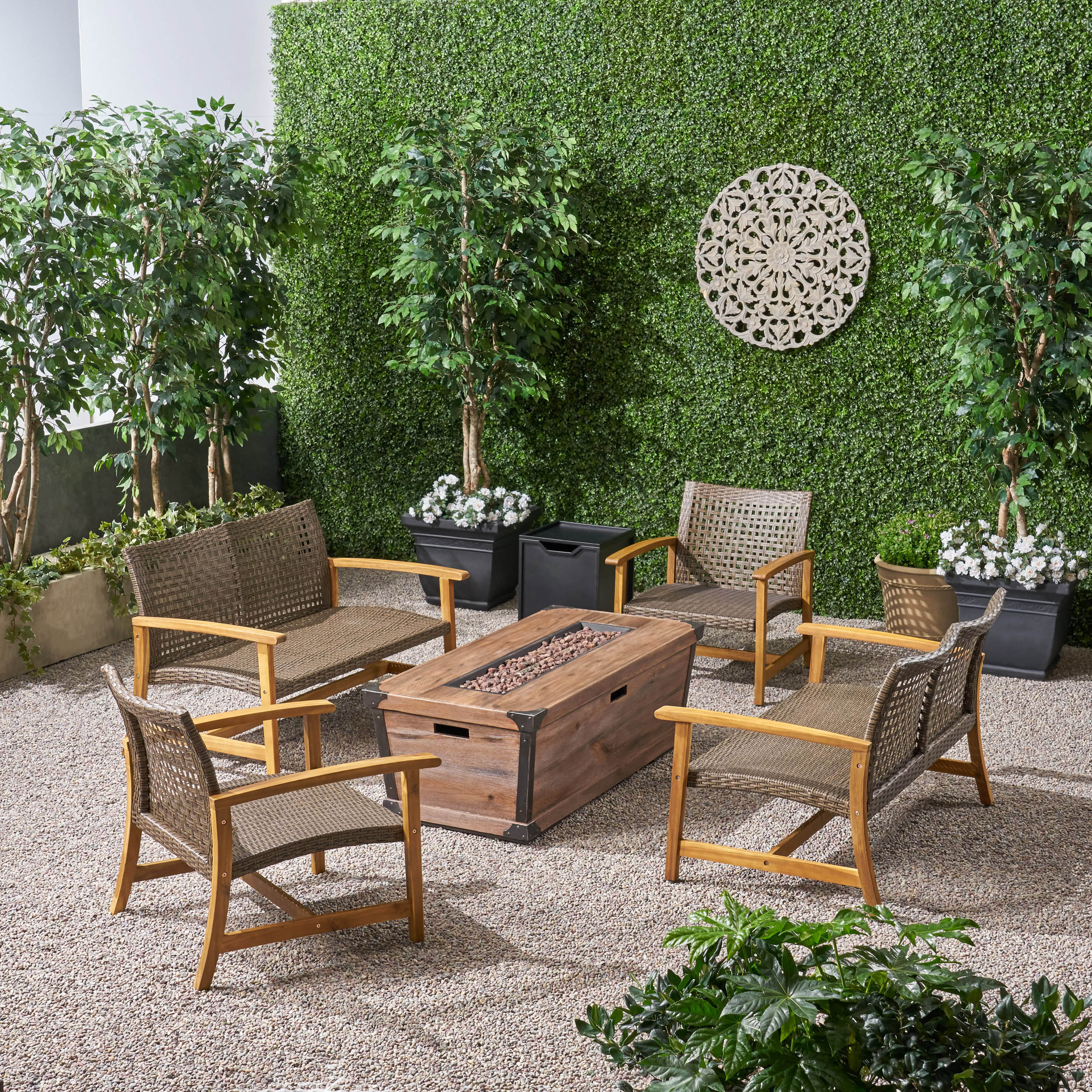 Levant Outdoor 4 Piece Wood and Wicker Chat Set with Fire Pit - furnishings