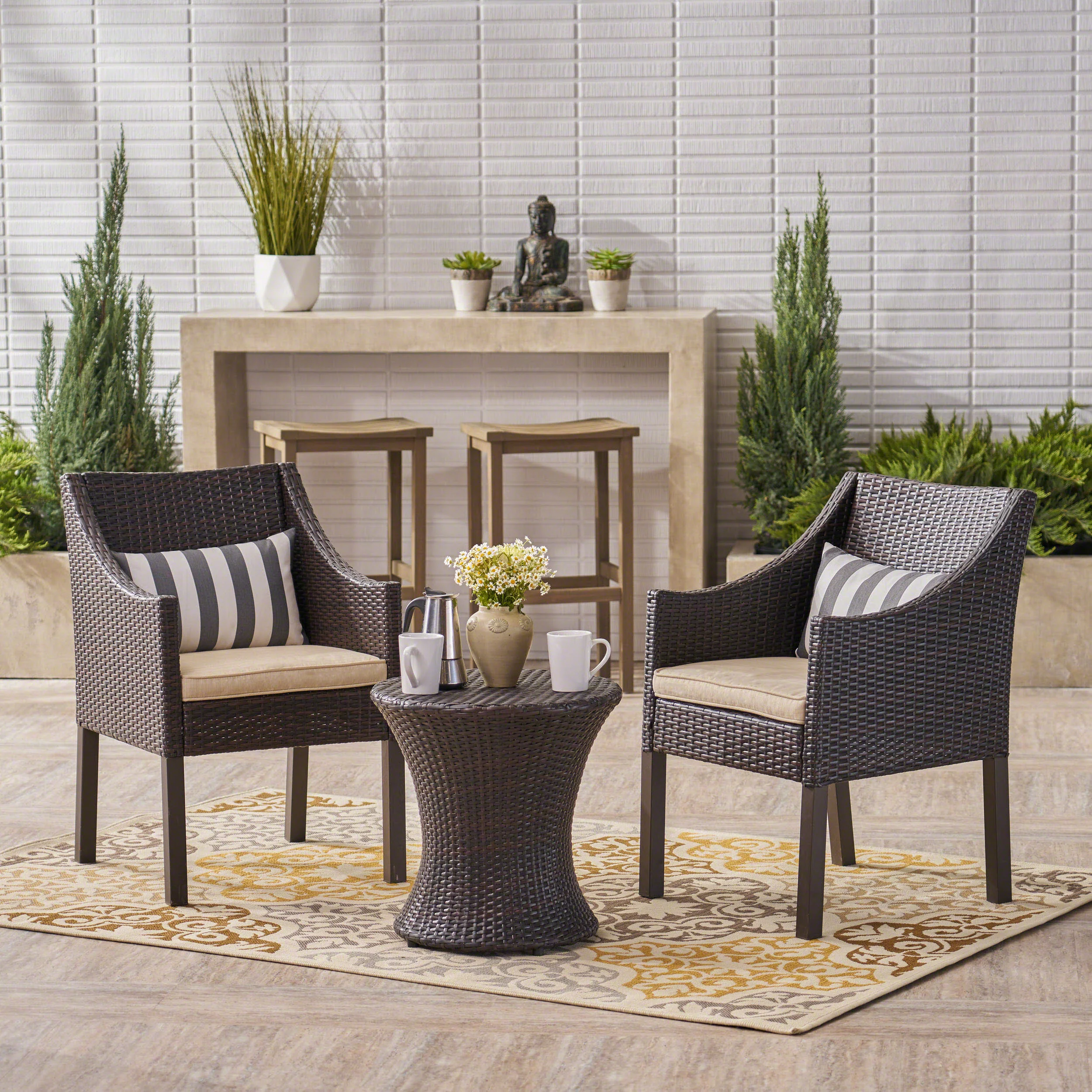 Janet Outdoor 3 Piece Wicker Chat Set, Multibrown with Beige Cushions - furnishings