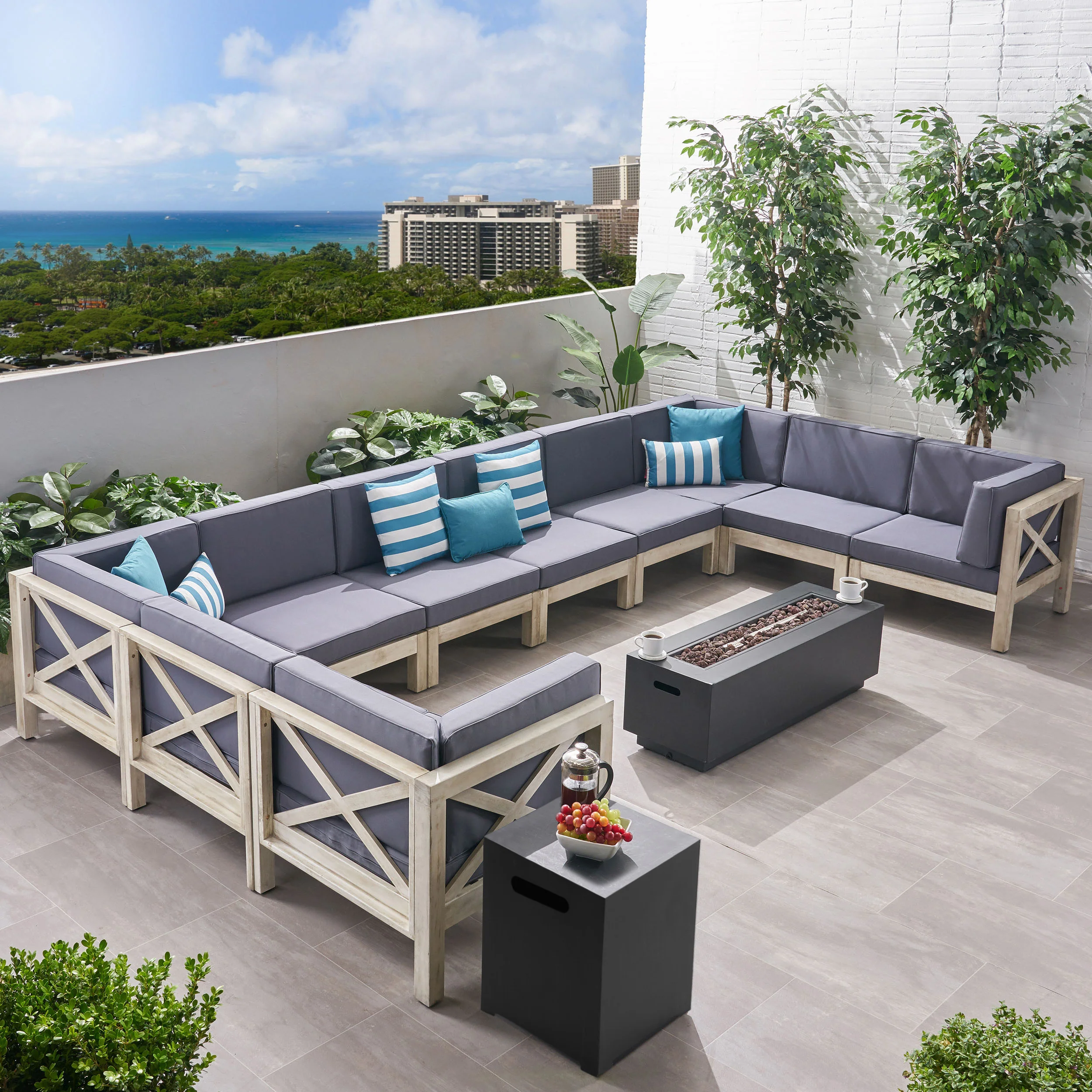 Lorelei Outdoor Acacia Wood 10 Seater U-Shaped Sectional Sofa Set with Fire Pit - furnishings
