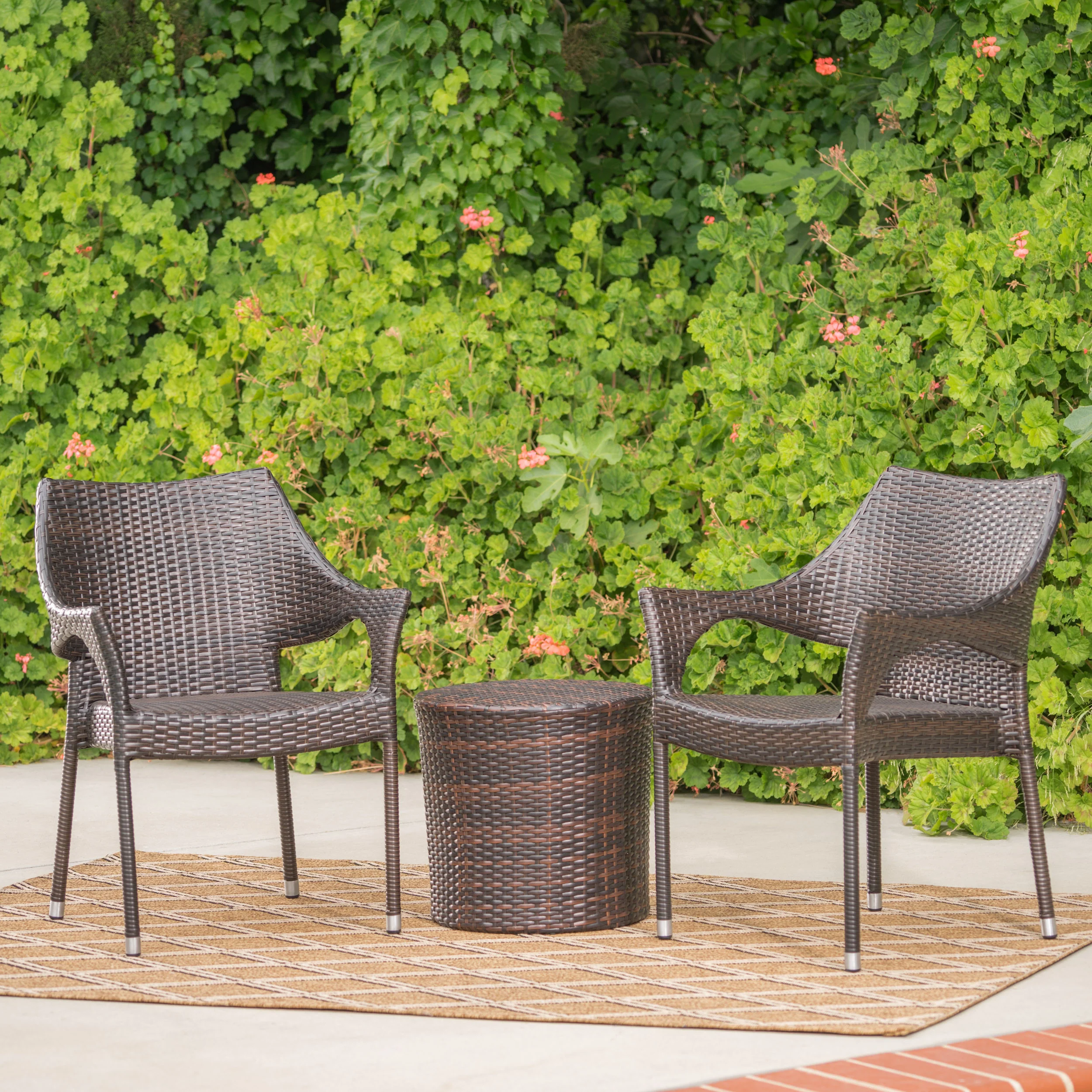 Alfheimr Outdoor 3 Piece Multi-brown Wicker Stacking Chair Chat Set - furnishings