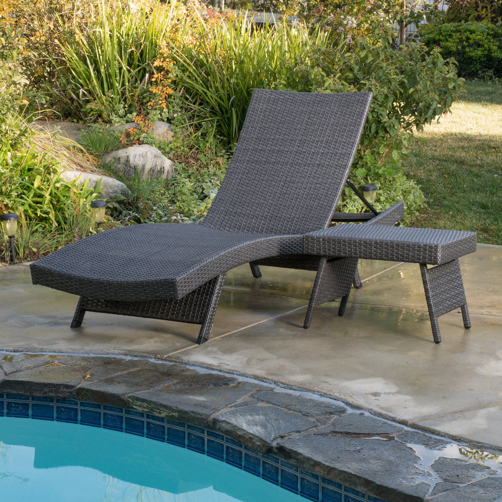 Lakeport Outdoor Grey Wicker Adjustable Chaise Lounge and Table Set - furnishings