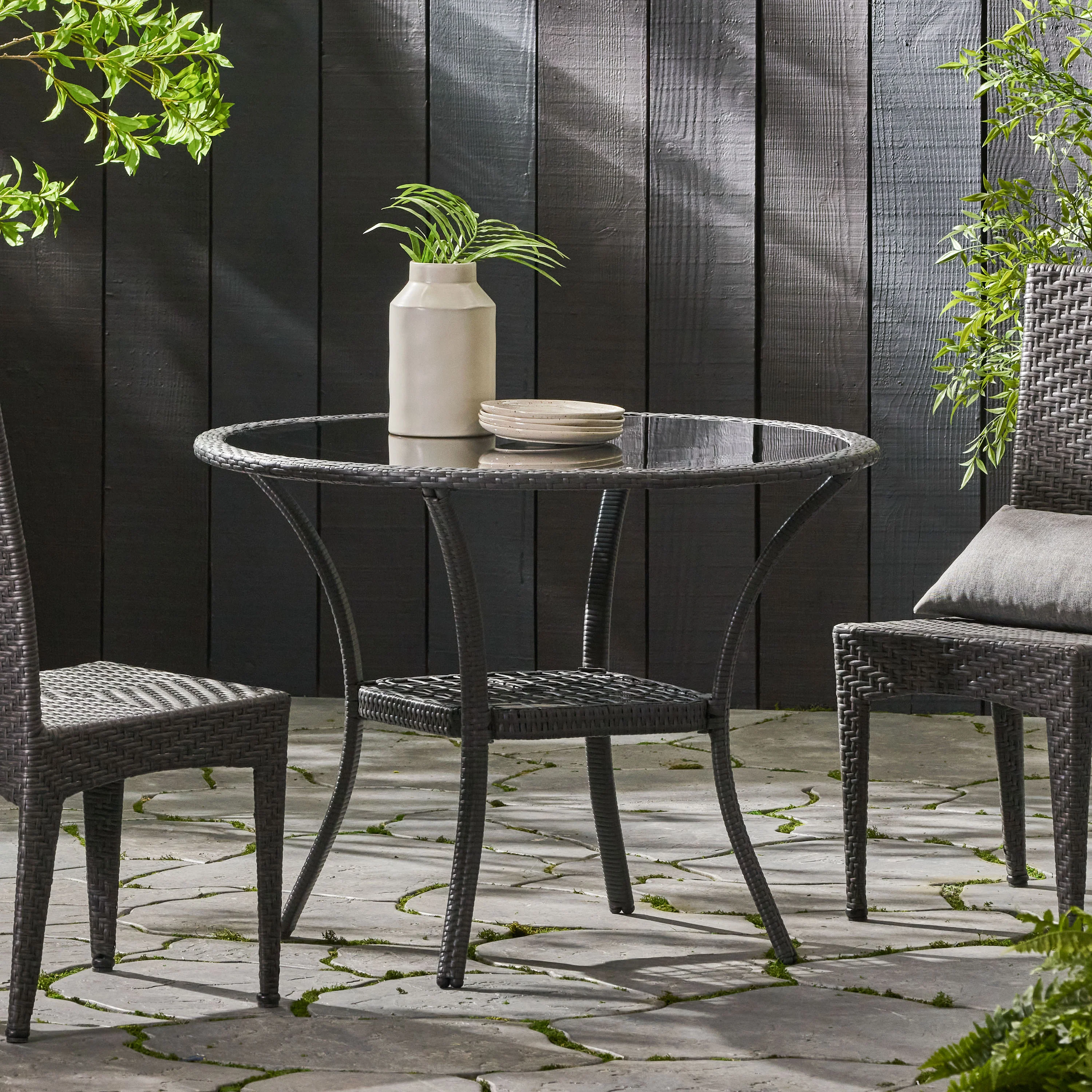 Hopp Outdoor Coastal Gray Wicker Side Table with Tempered Glass Top - furnishings