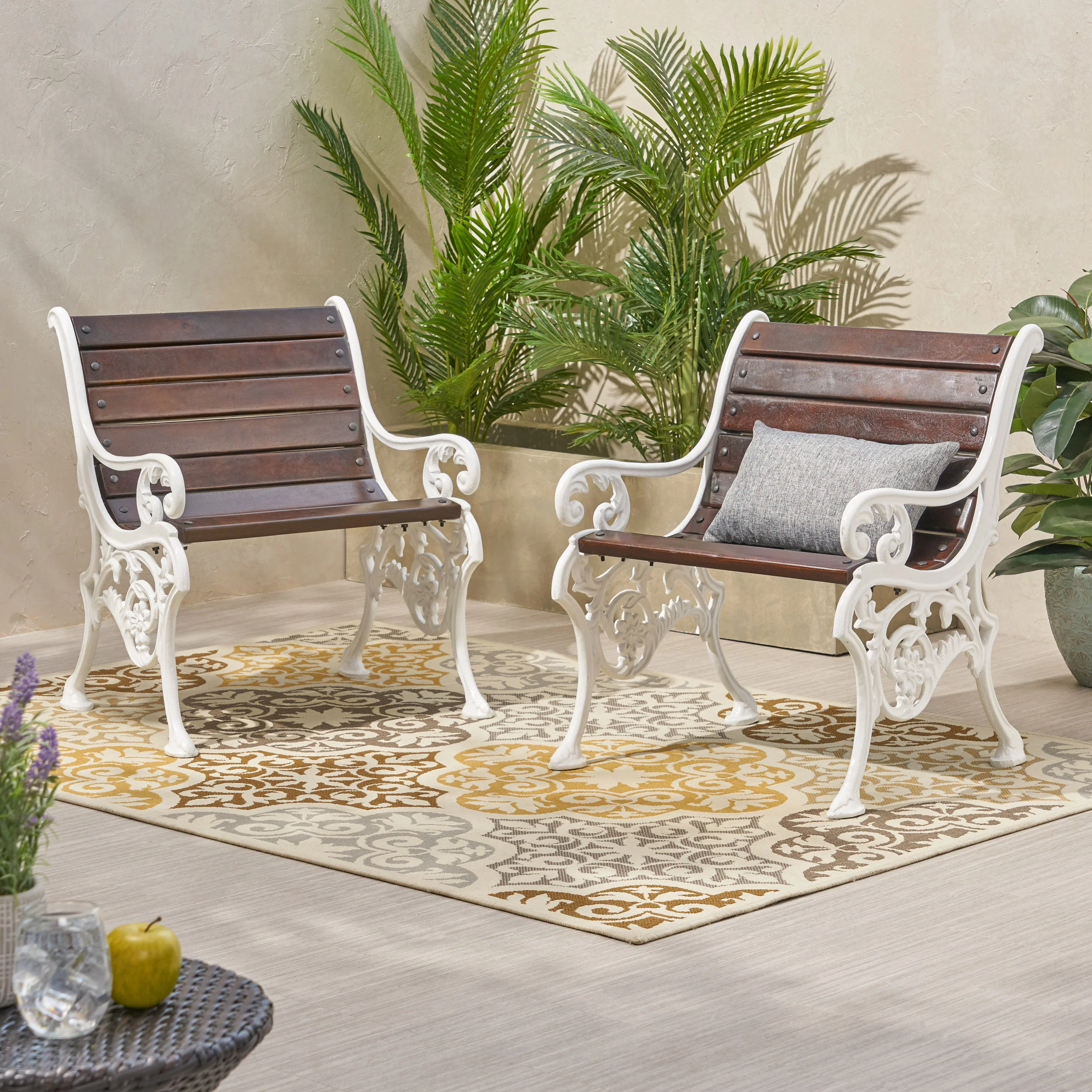 Judith Outdoor Handcrafted Mango Wood Chair, Set of 2, Rustic Brown and White - furnishings