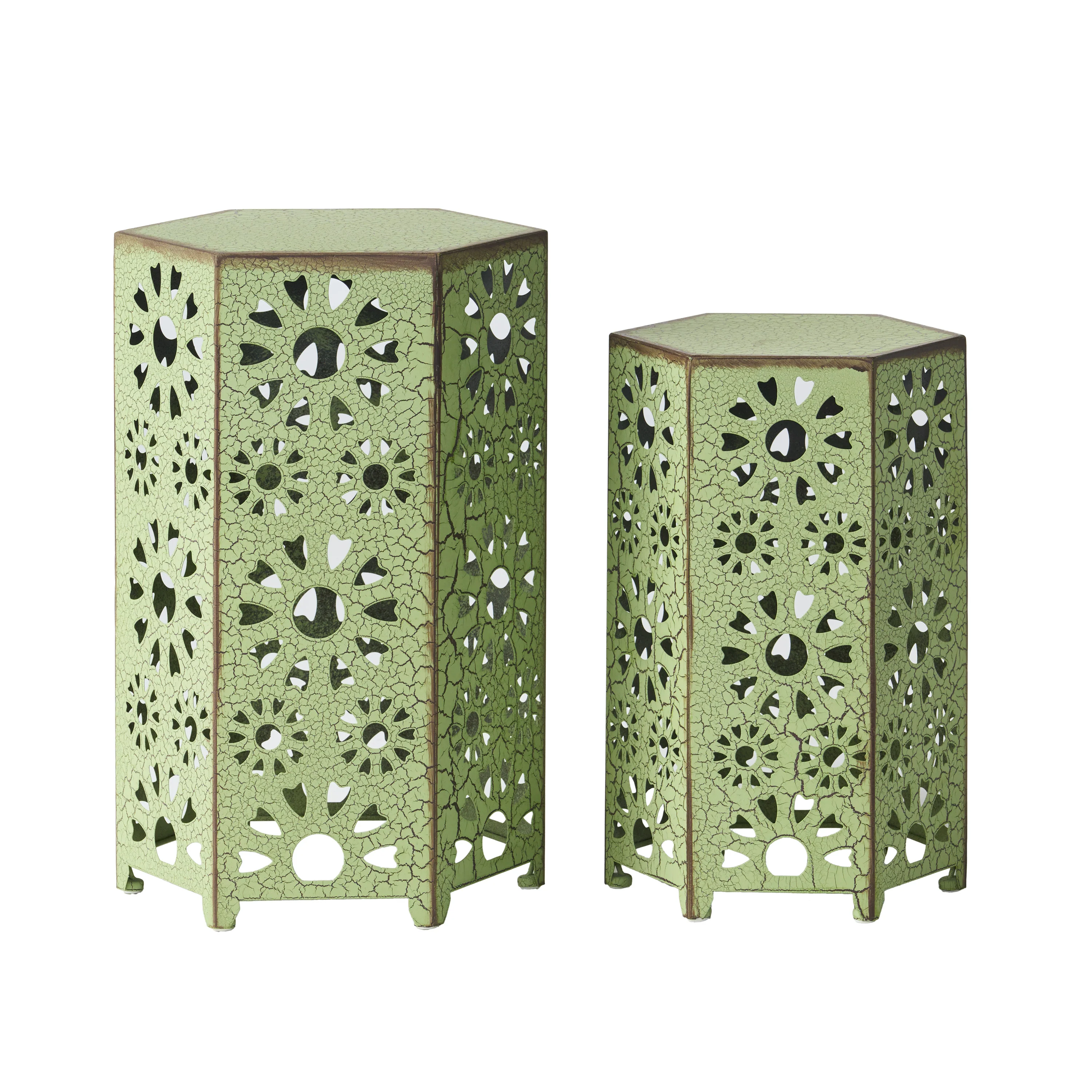 Elliot Outdoor 12 Inch and 14 Inch Crackle Green Sunburst Iron Side Table Set - furnishings