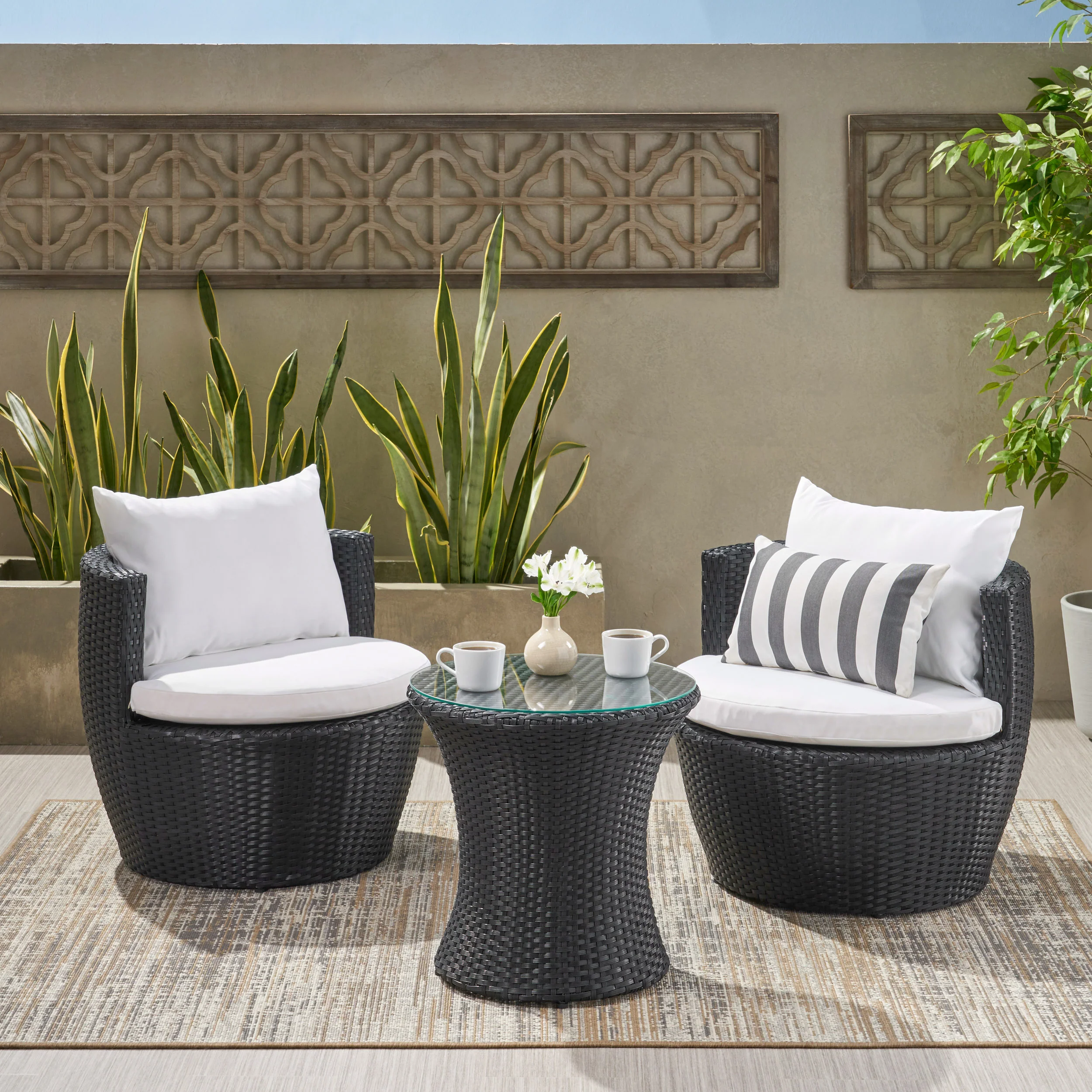 Pattaya 3pc Outdoor Black Wicker Chat Set - furnishings