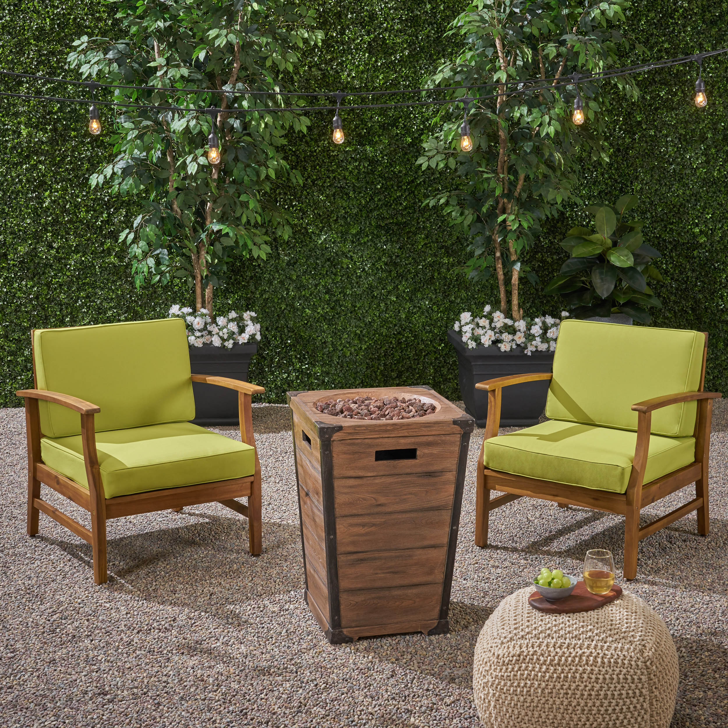 Capri Outdoor 2 Piece Acacia Wood Club Chair Set with Cushions and Fire Column - furnishings
