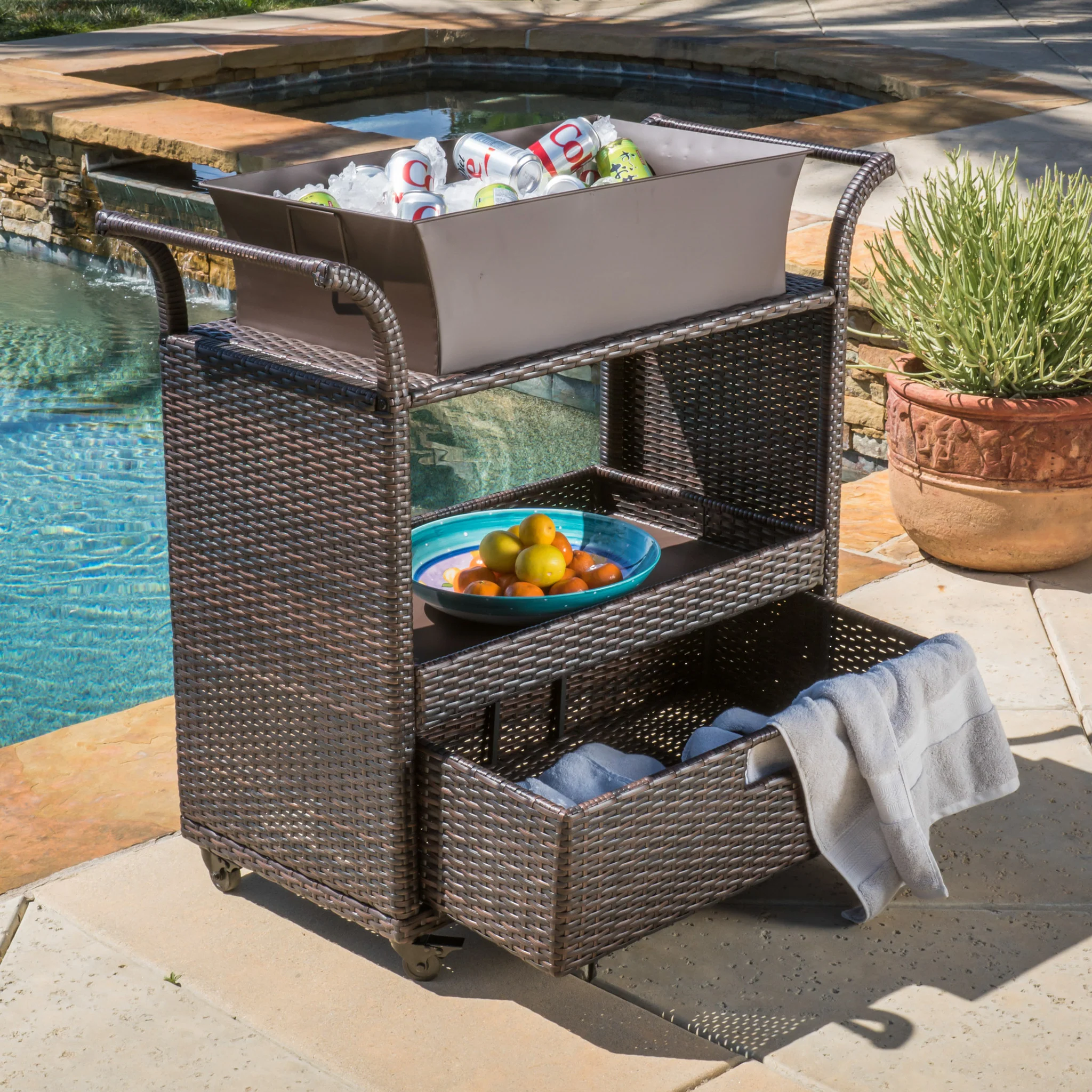 Maja Multi-Brown Wicker Bar Cart - furnishings