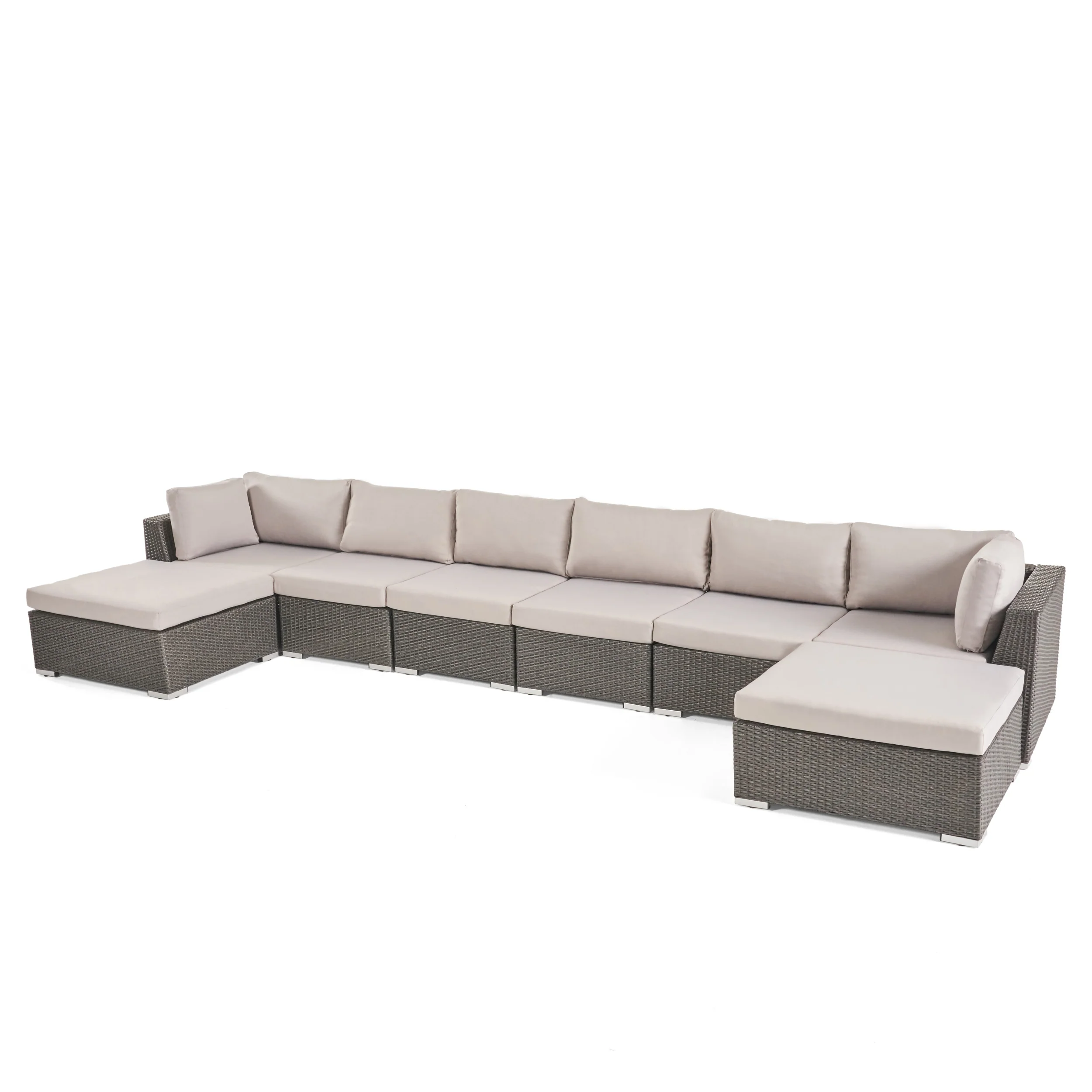 Salome Outdoor 6 Seater Wicker Sofa Set with Aluminum Frame and Cushions, Grey and Silver - furnishings