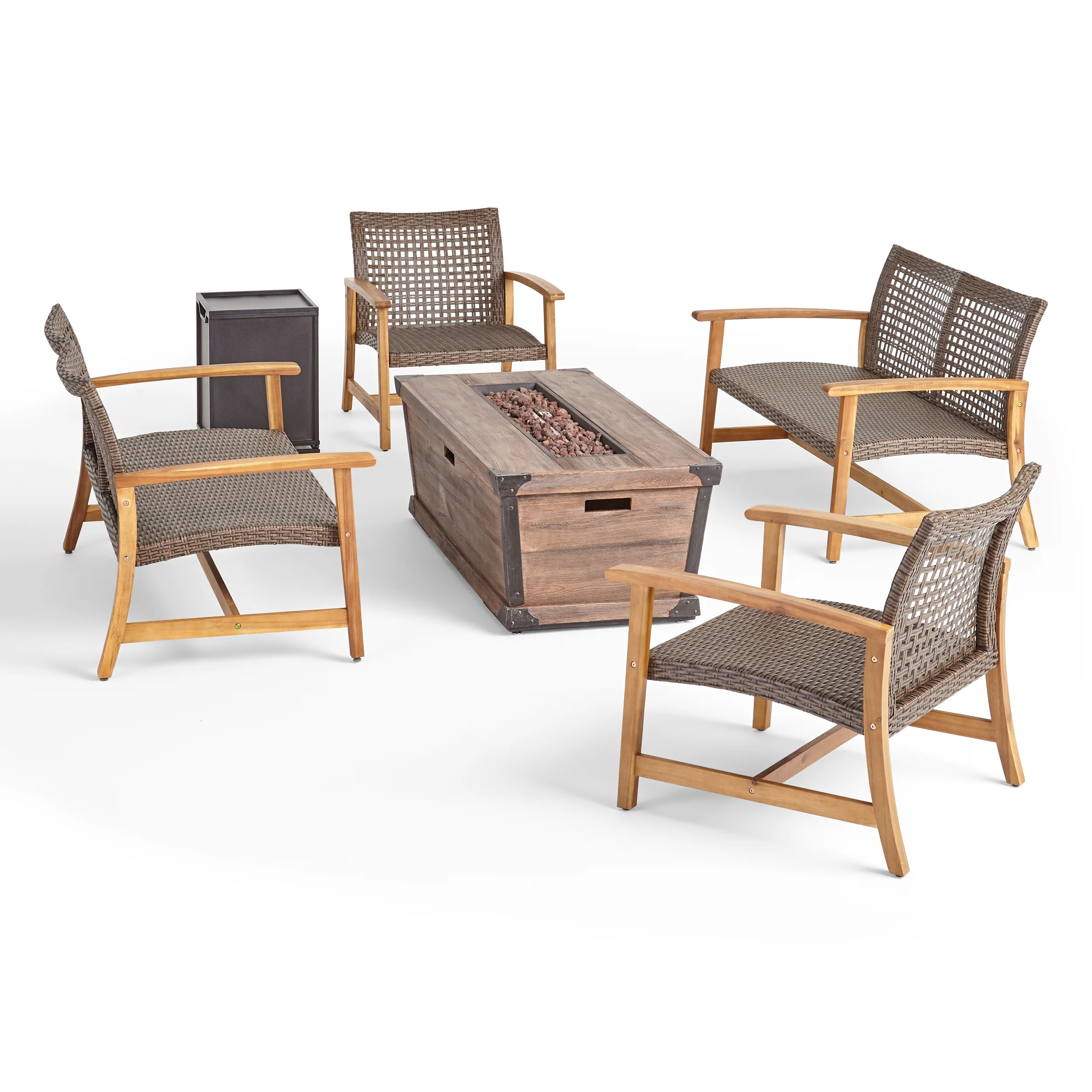 Levant Outdoor 4 Piece Wood and Wicker Chat Set with Fire Pit - furnishings