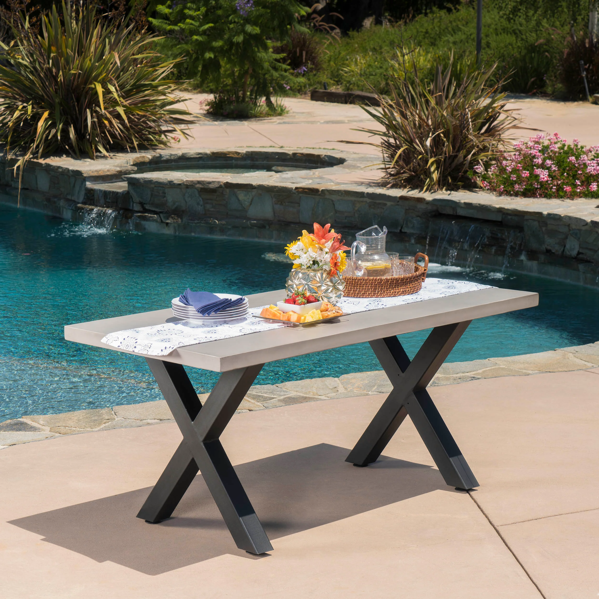 Galatian Outdoor White Lightweight Concrete Dining Table w/ Black Iron Legs - furnishings
