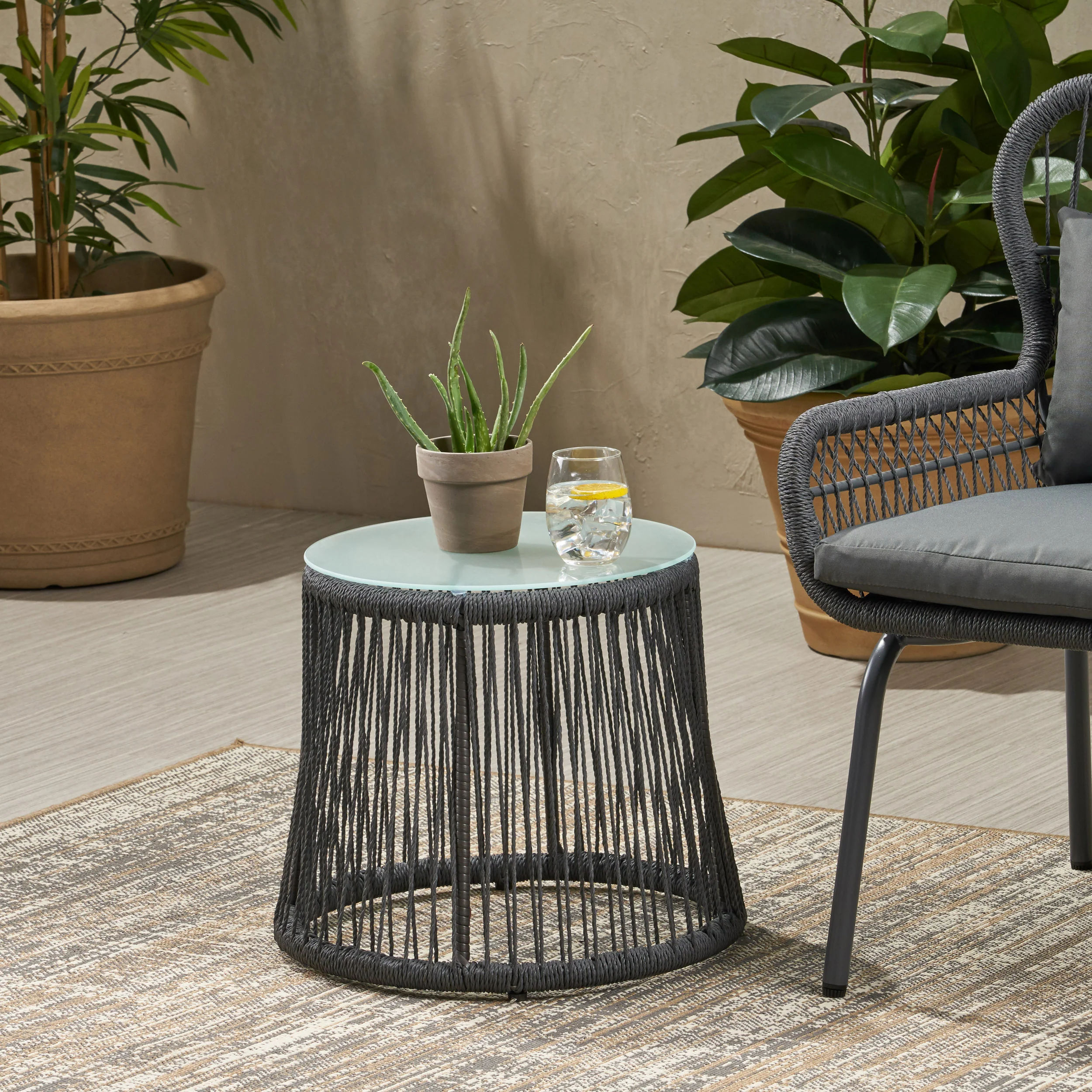 Karen Outdoor Side Table, Steel and Rope, Tempered Glass Table Top, Boho - furnishings