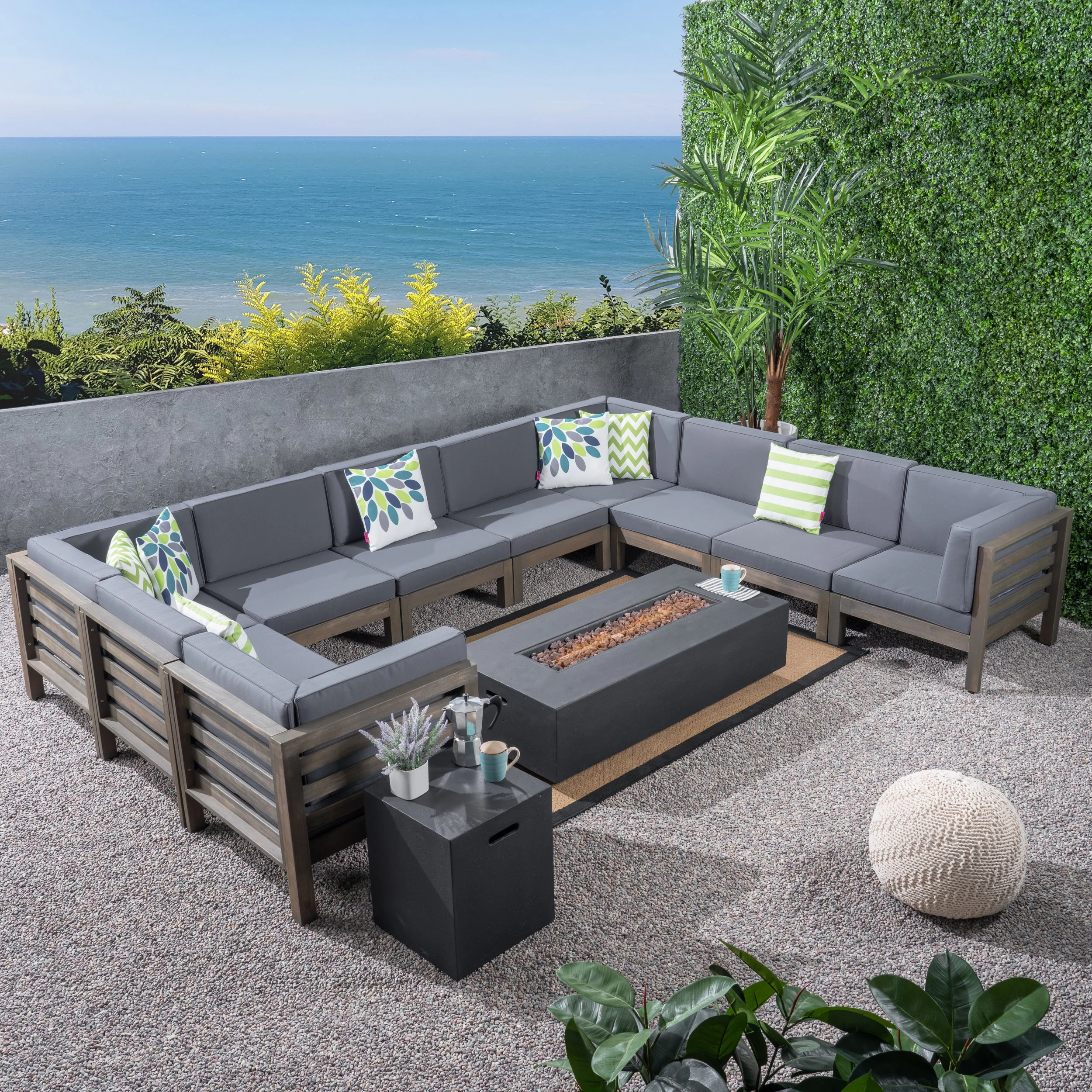 Ravello Outdoor 12 Piece U-Shaped Sectional Sofa Set with Fire Pit - furnishings