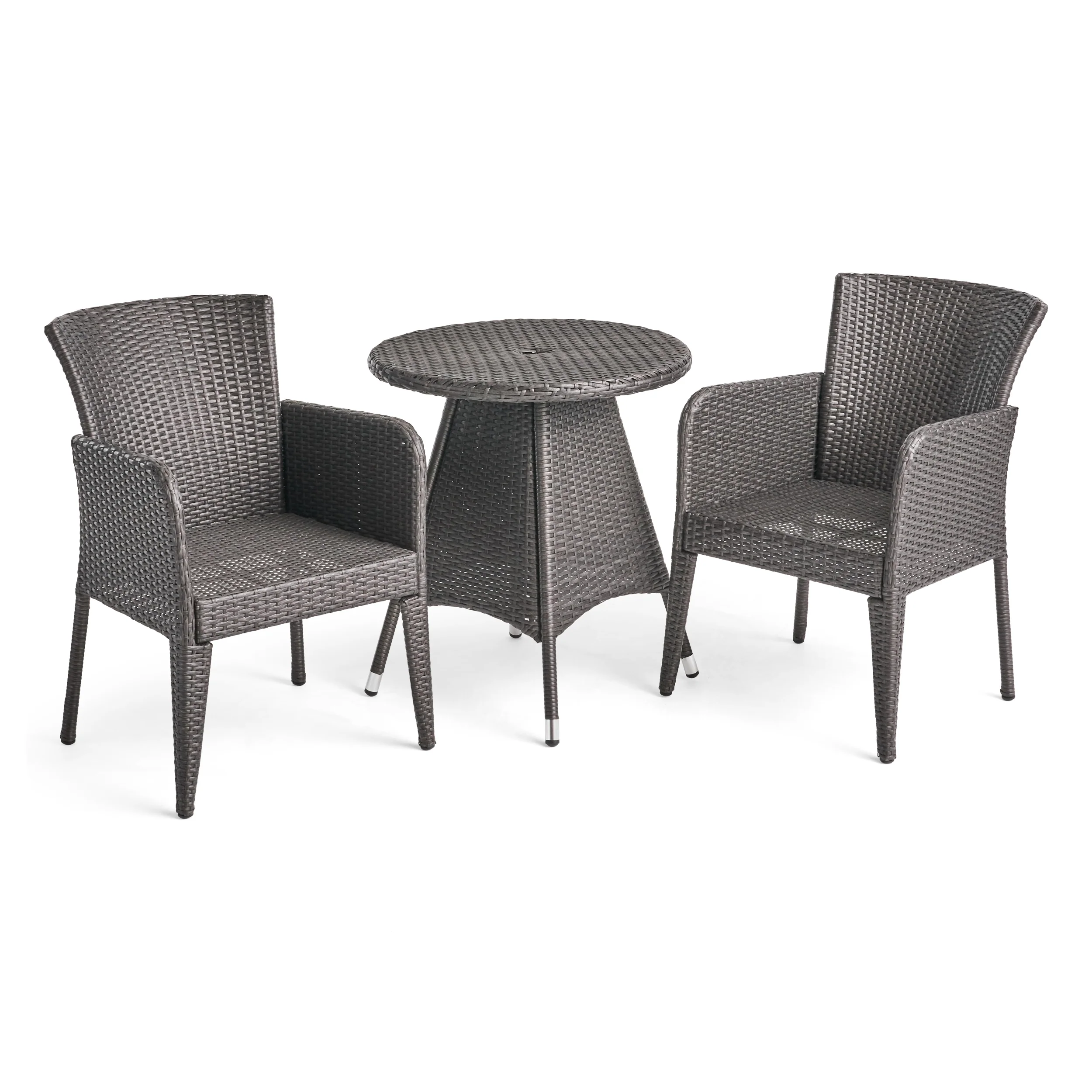 Dilon Outdoor Transitional 3-Piece Gray Wicker Bistro Set with Umbrella Hole - furnishings
