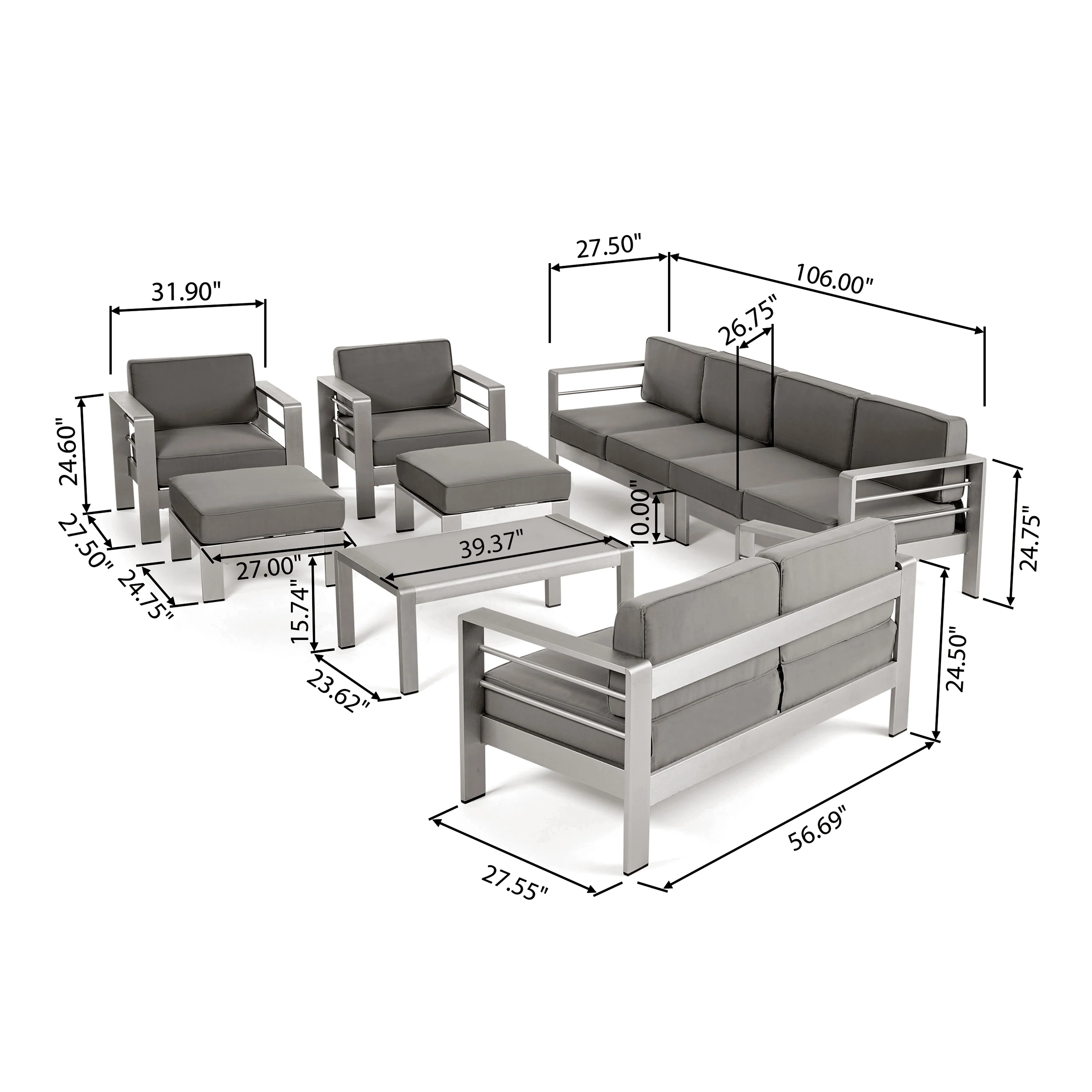 Emily Coral Outdoor Aluminum 8-Seater Sectional Sofa Set with Coffee Table and Ottomans, Silver and Khaki - furnishings