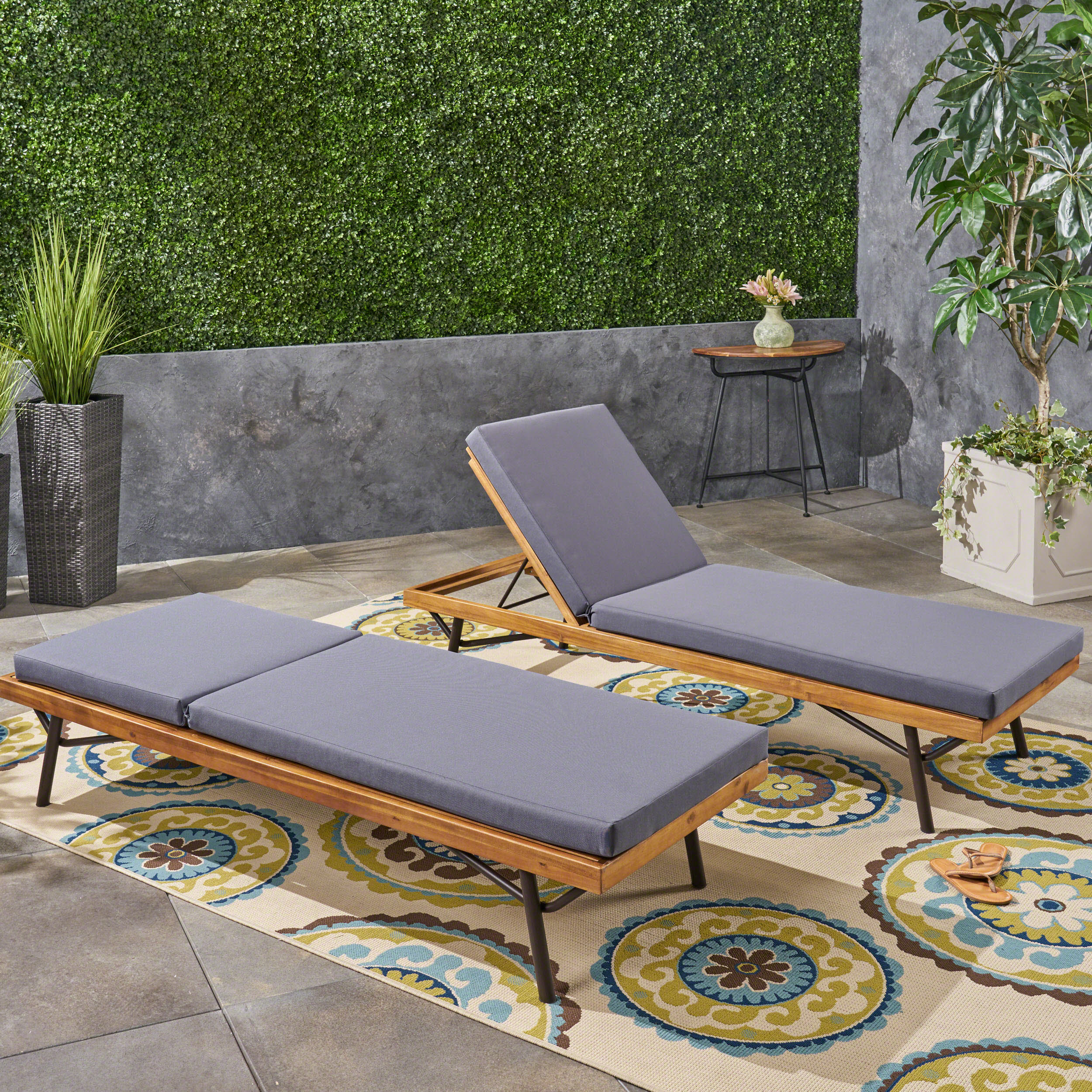 Eileen Outdoor Chaise Lounges, Acacia Wood and Eucalyptus, Outdoor Cushions, Teak, Rustic Metal, Dark Gray (Set of 2) - furnishings