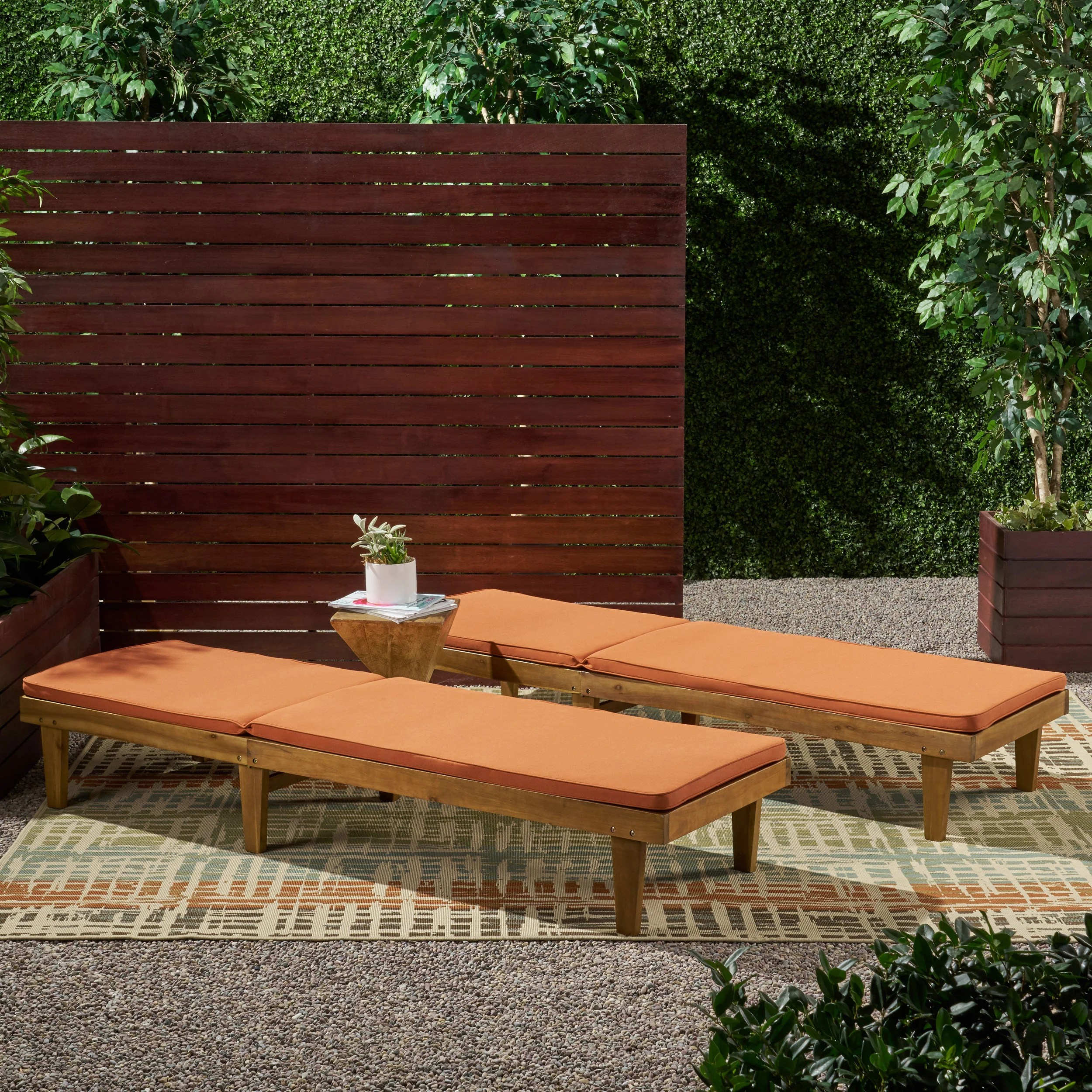 Nadine Outdoor Modern Acacia Wood Chaise Lounge with Cushion (Set of 2) - furnishings