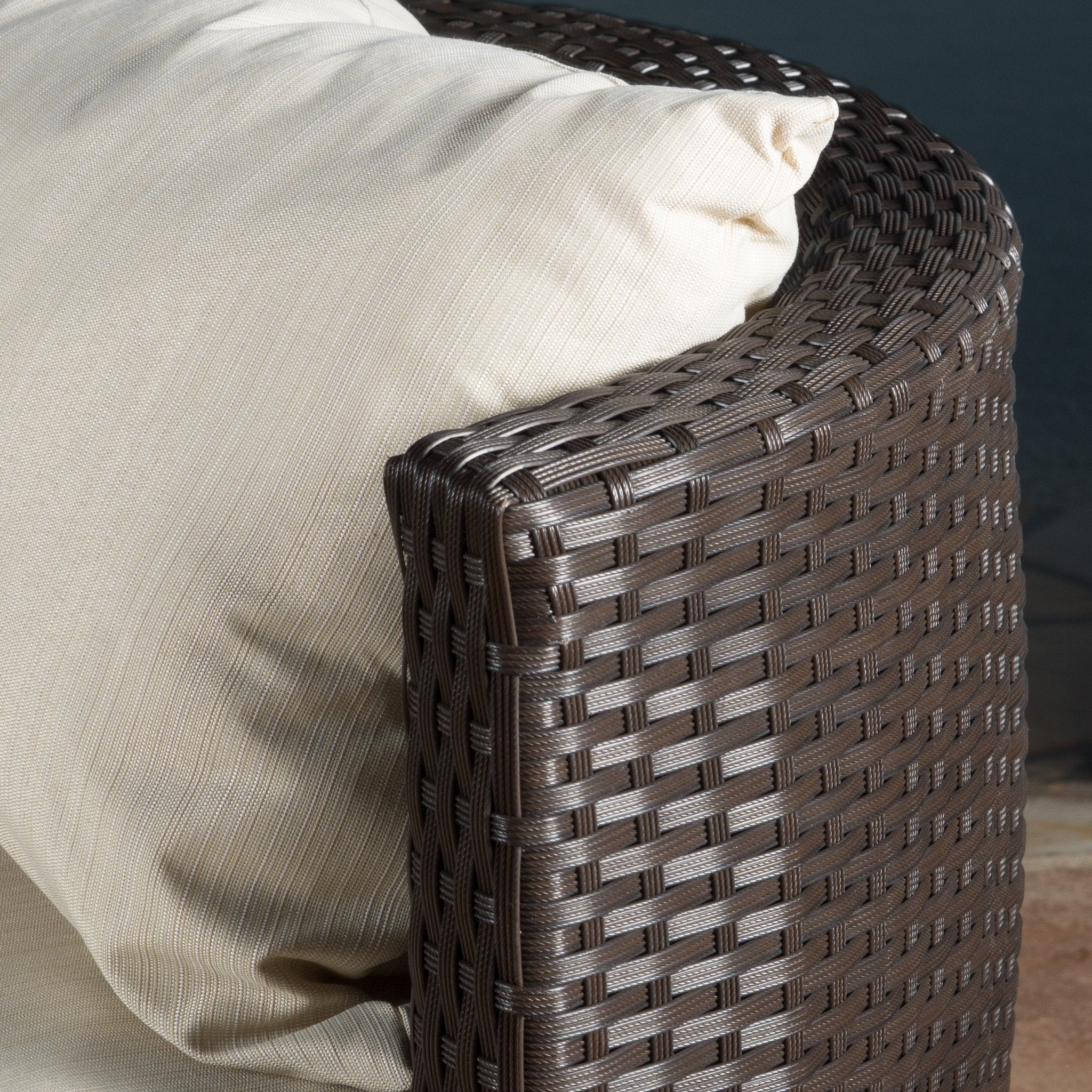 Kyoto Outdoor Round 3-Piece Brown Wicker Chat Set with Beige Cushions - furnishings