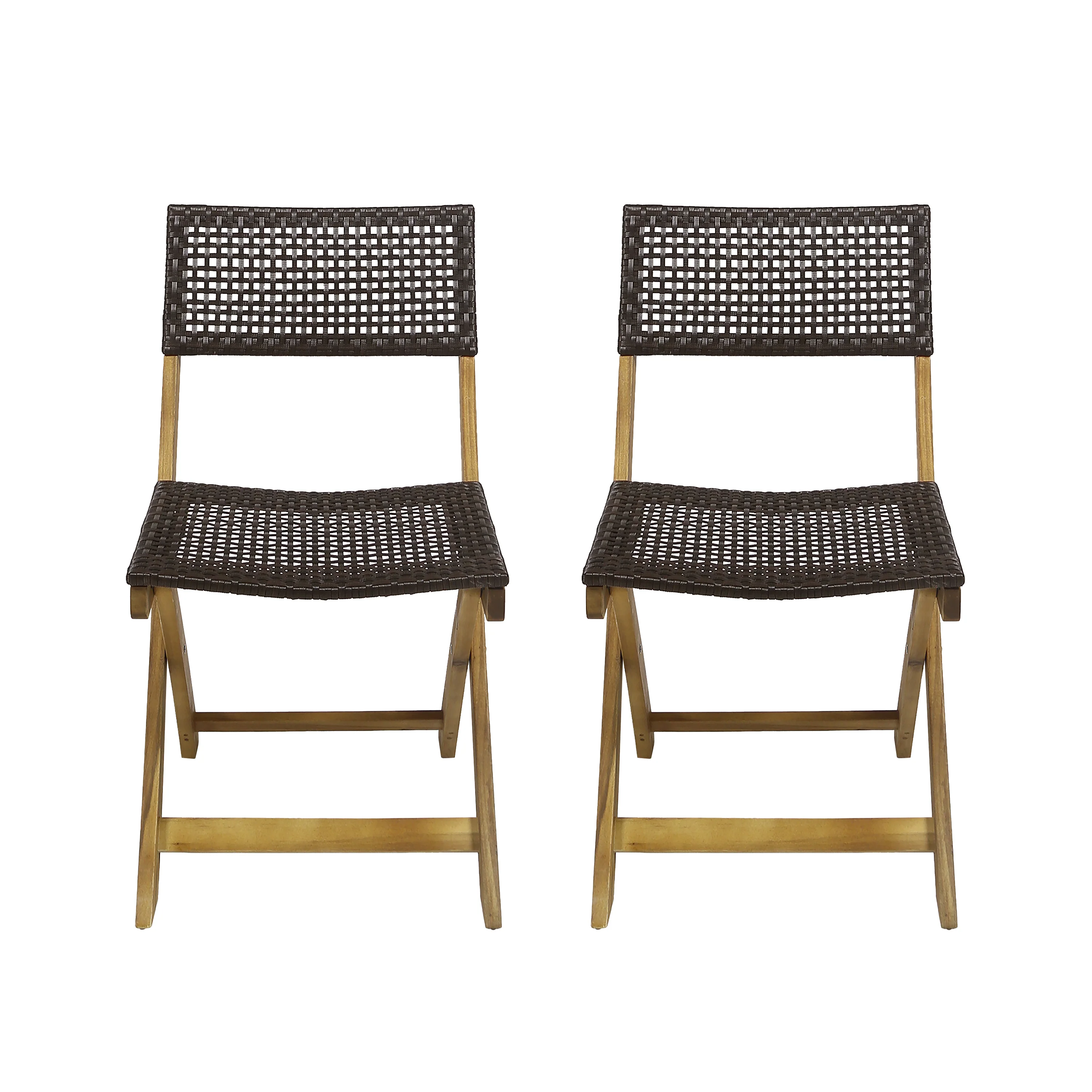 Truda Outdoor Acacia Wood Foldable Bistro Chairs with Wicker Seating (Set of 2) - furnishings
