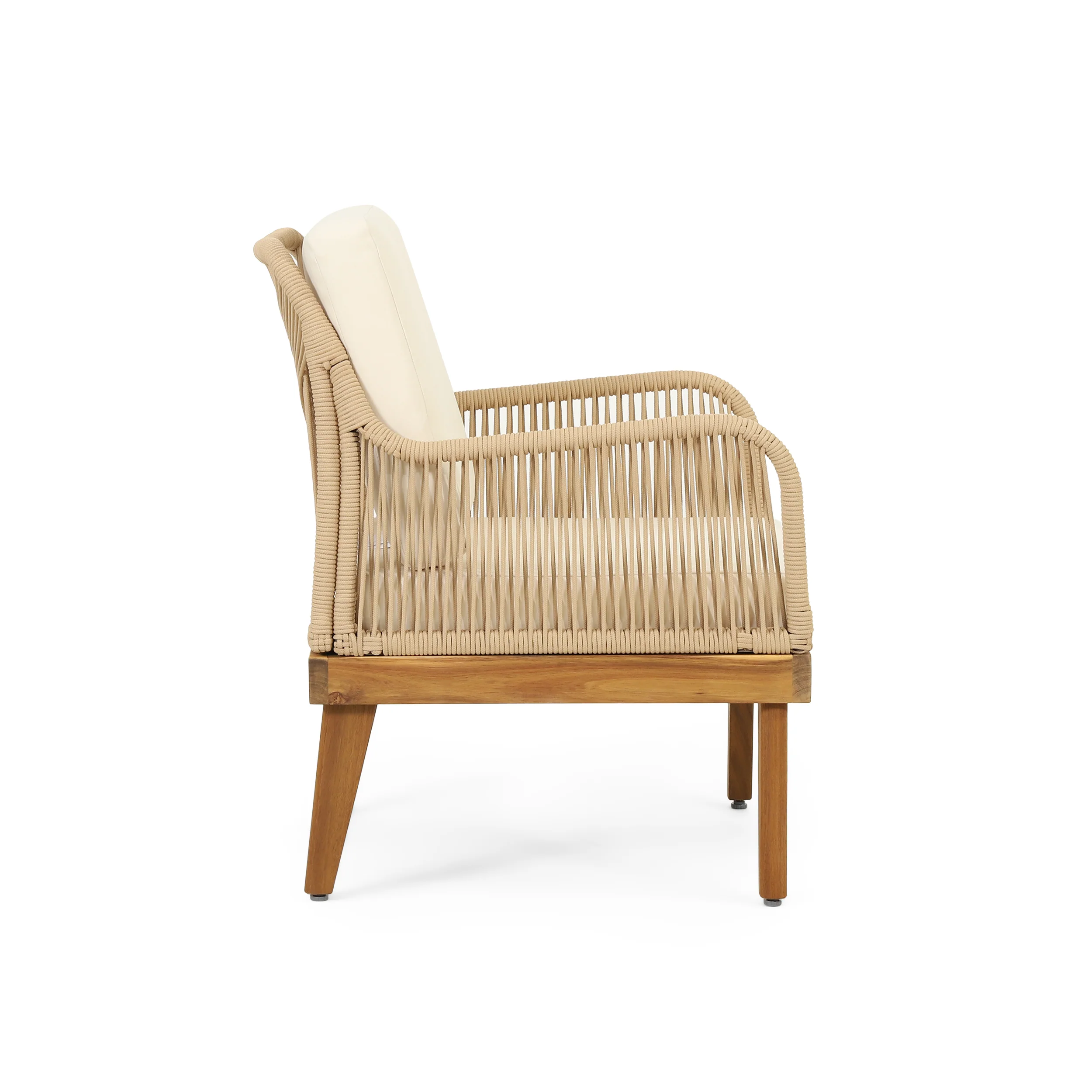 Hueber Outdoor Acacia Wood and Rope Club Chair with Cushions, Teak, Light Brown, and Beige - furnishings