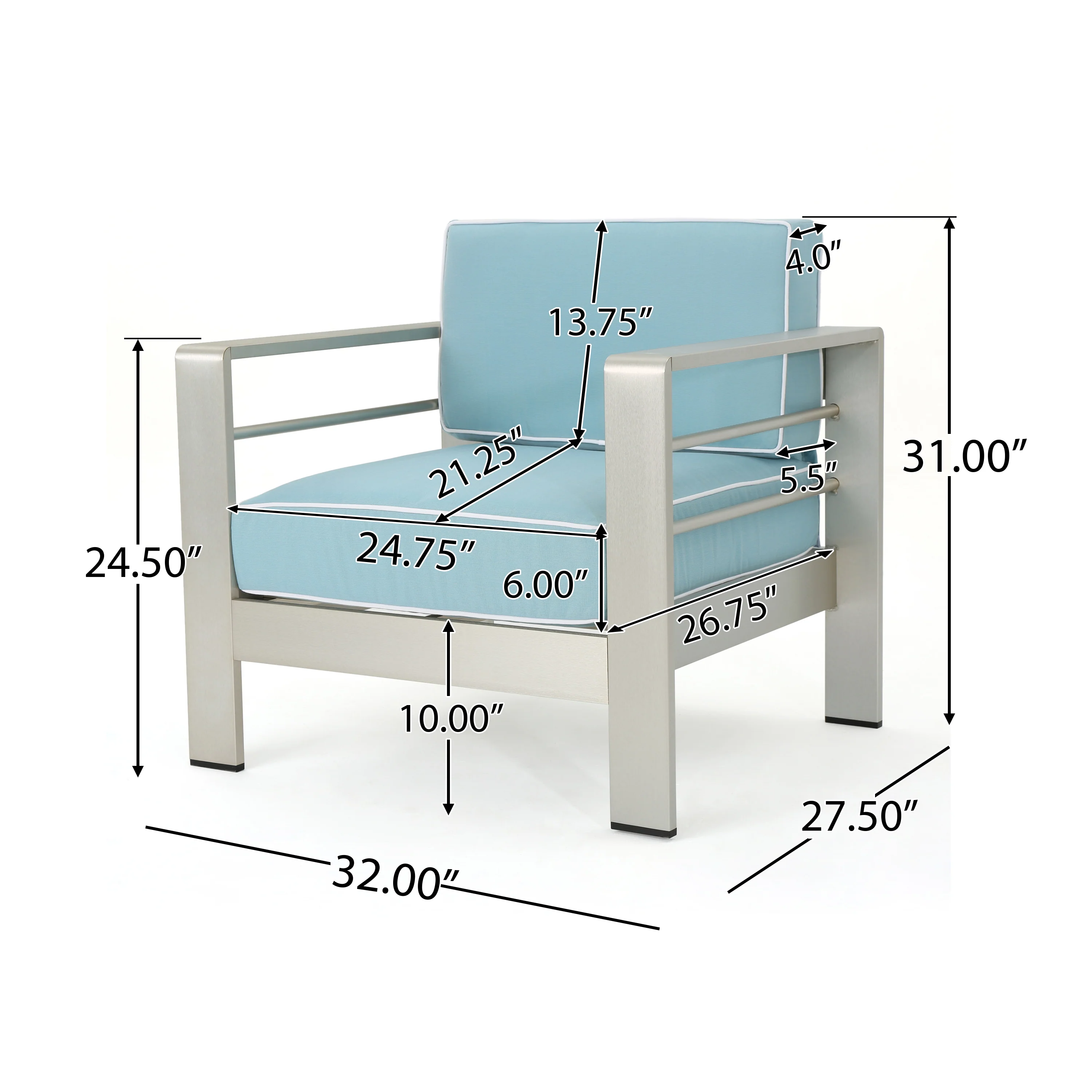 Crested Bay Outdoor Silver Aluminum Frame Light Teal Cushion Club Chairs - furnishings
