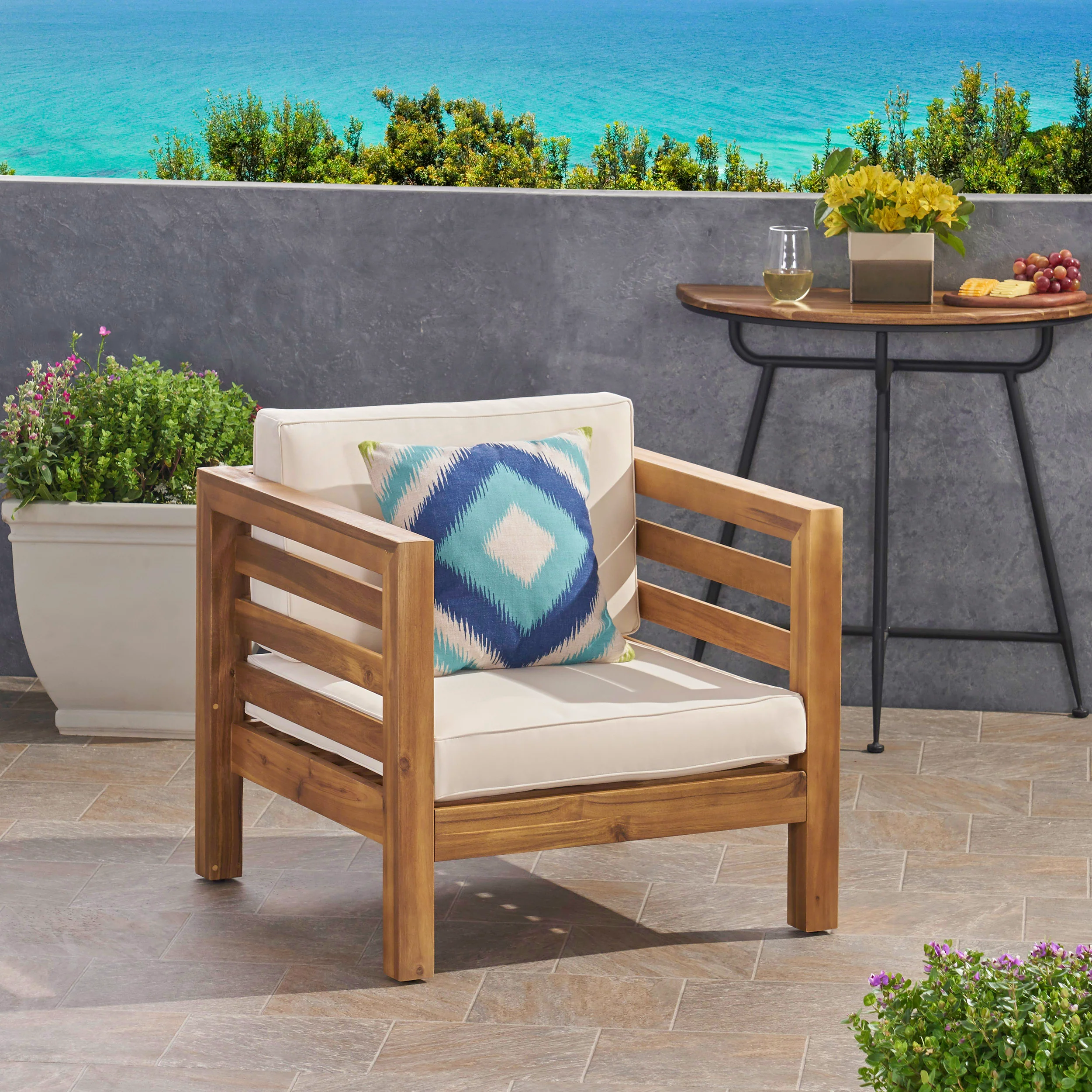 Louise Outdoor Acacia Wood Club Chair with Cushion - furnishings